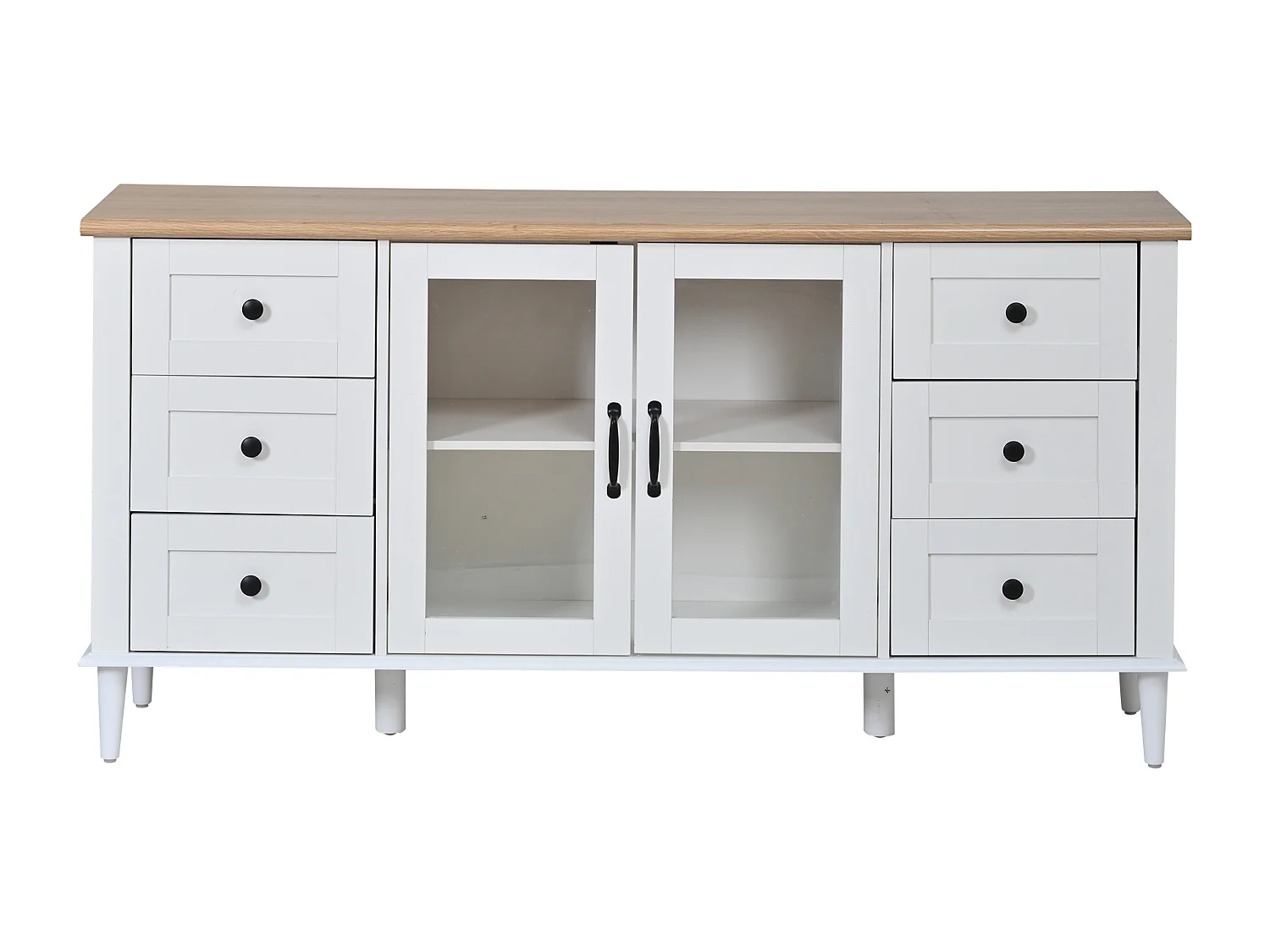 Buffet 150 x 40 x 75 cm avec 2 portes en acrylique, 6 tiroirs et LED - Blanc et bois