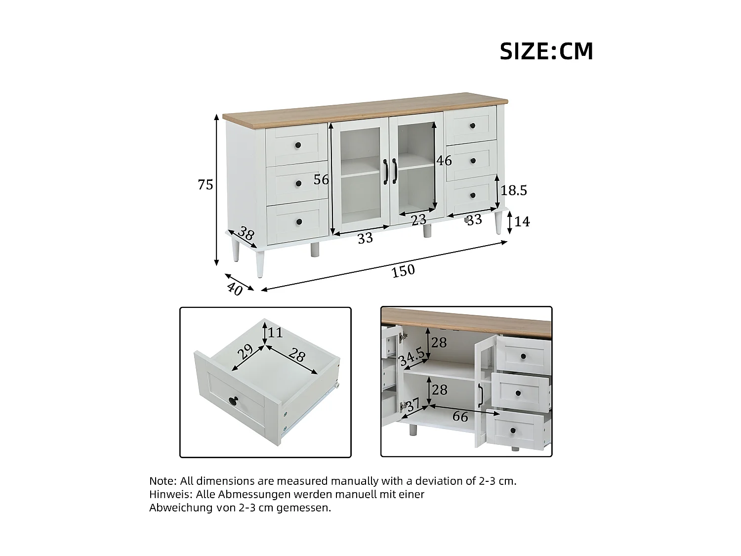 Buffet 150 x 40 x 75 cm avec 2 portes en acrylique, 6 tiroirs et LED - Blanc et bois