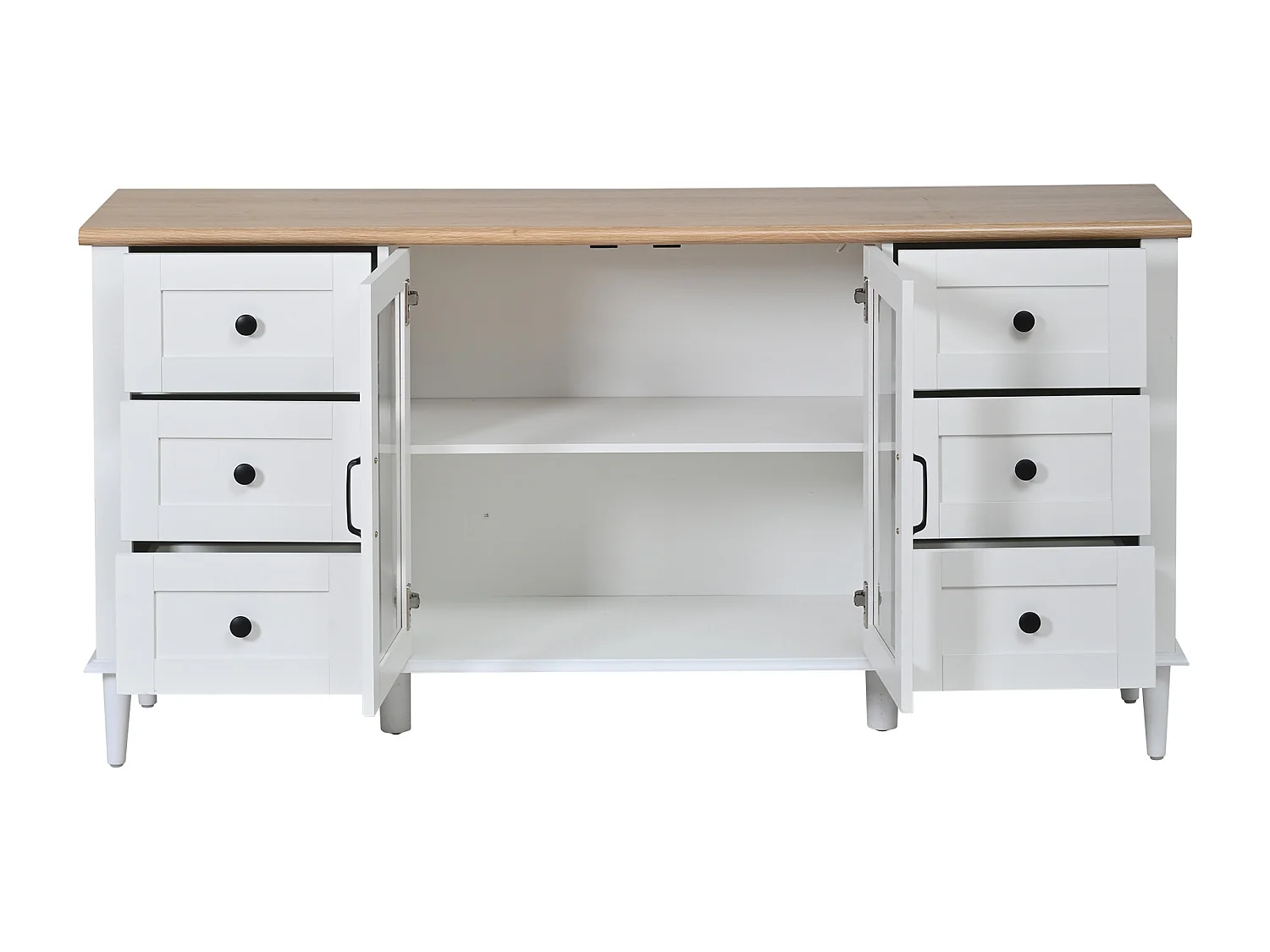 Buffet 150 x 40 x 75 cm avec 2 portes en acrylique, 6 tiroirs et LED - Blanc et bois