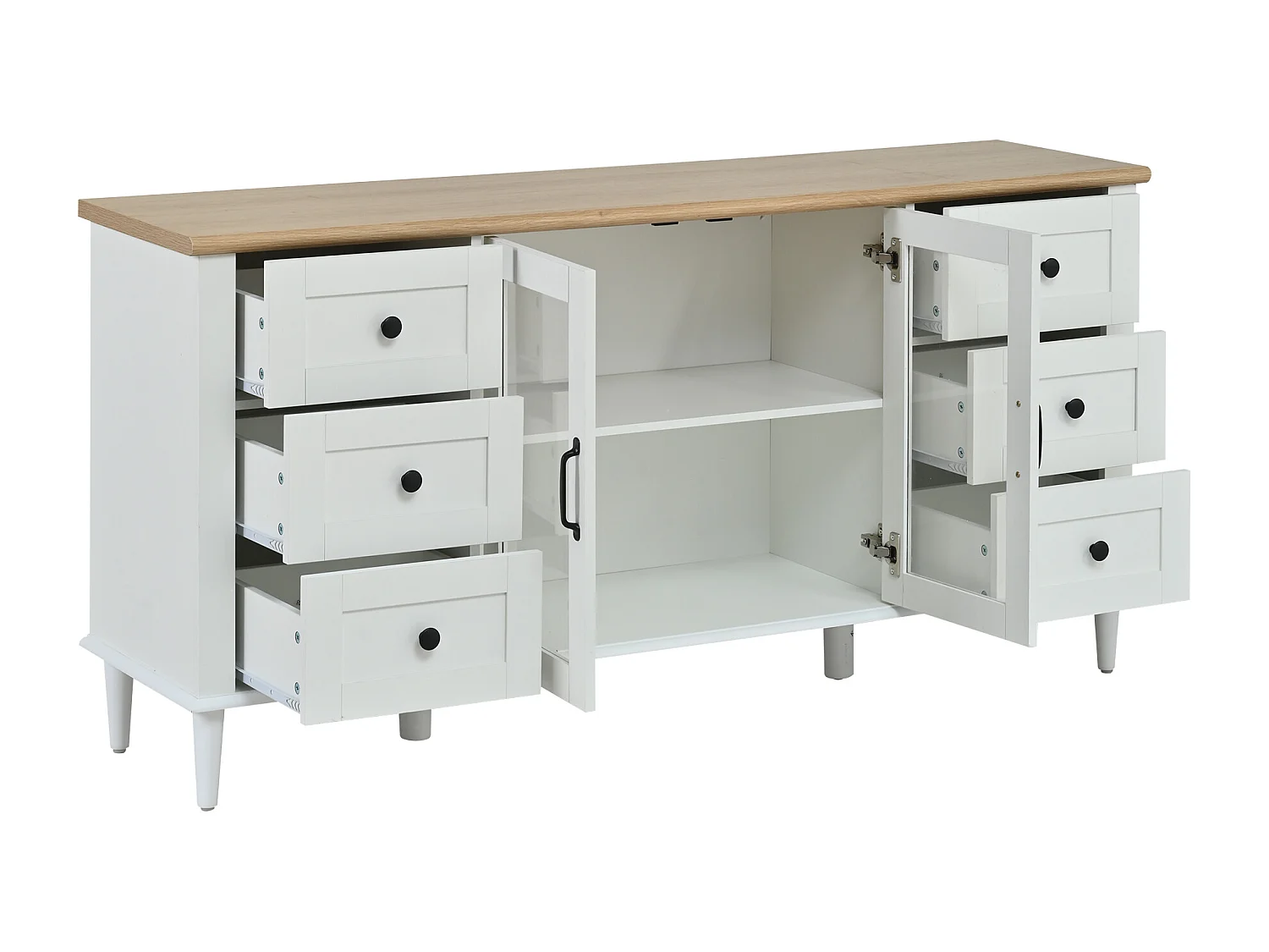 Buffet 150 x 40 x 75 cm avec 2 portes en acrylique, 6 tiroirs et LED - Blanc et bois