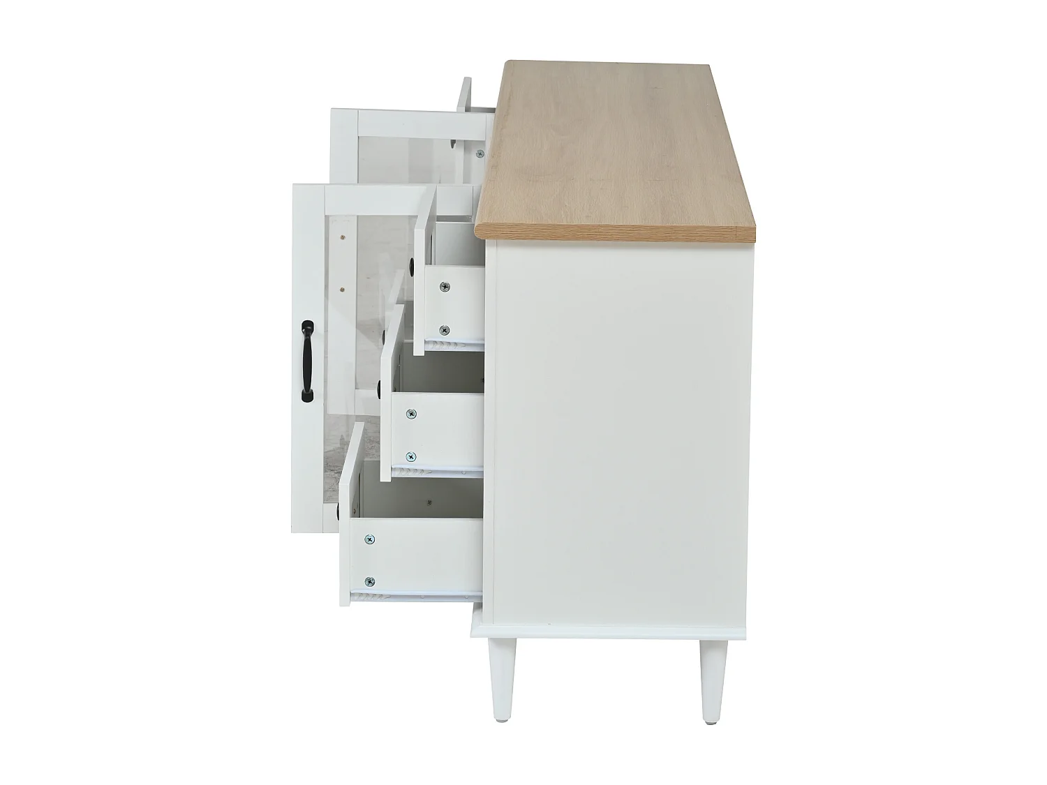 Buffet 150 x 40 x 75 cm avec 2 portes en acrylique, 6 tiroirs et LED - Blanc et bois