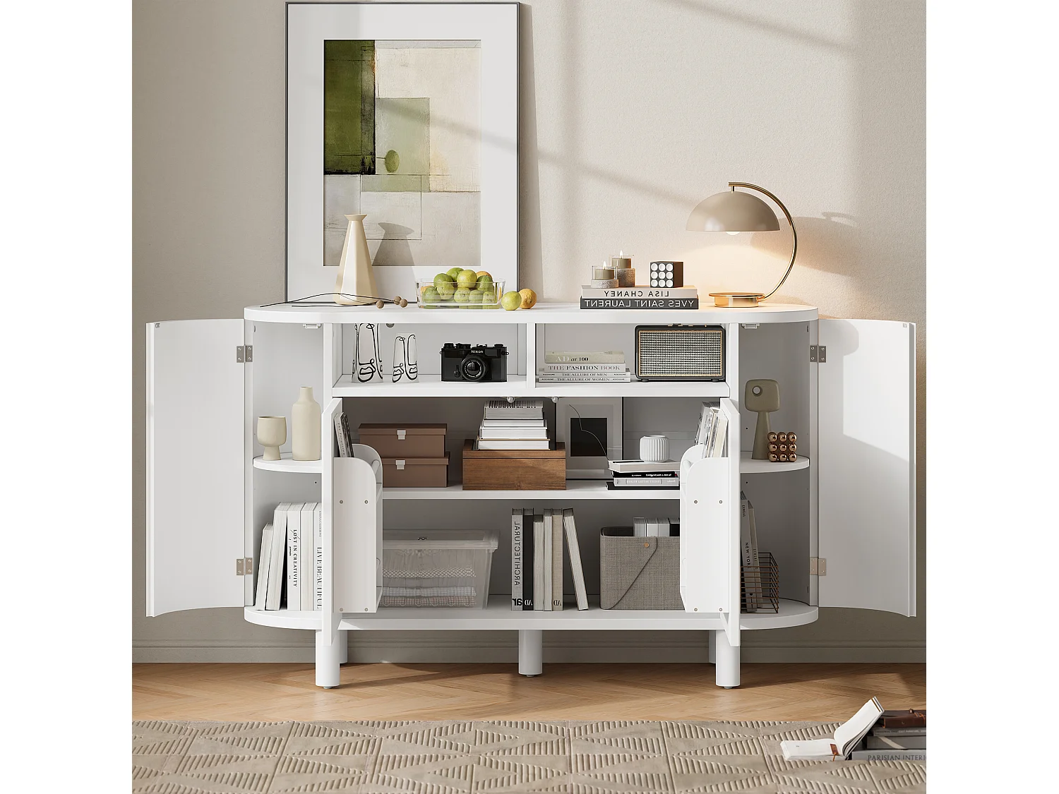 Buffet avec 4 portes et rangement ouvert - Blanc 120 x 38 x 77 cm