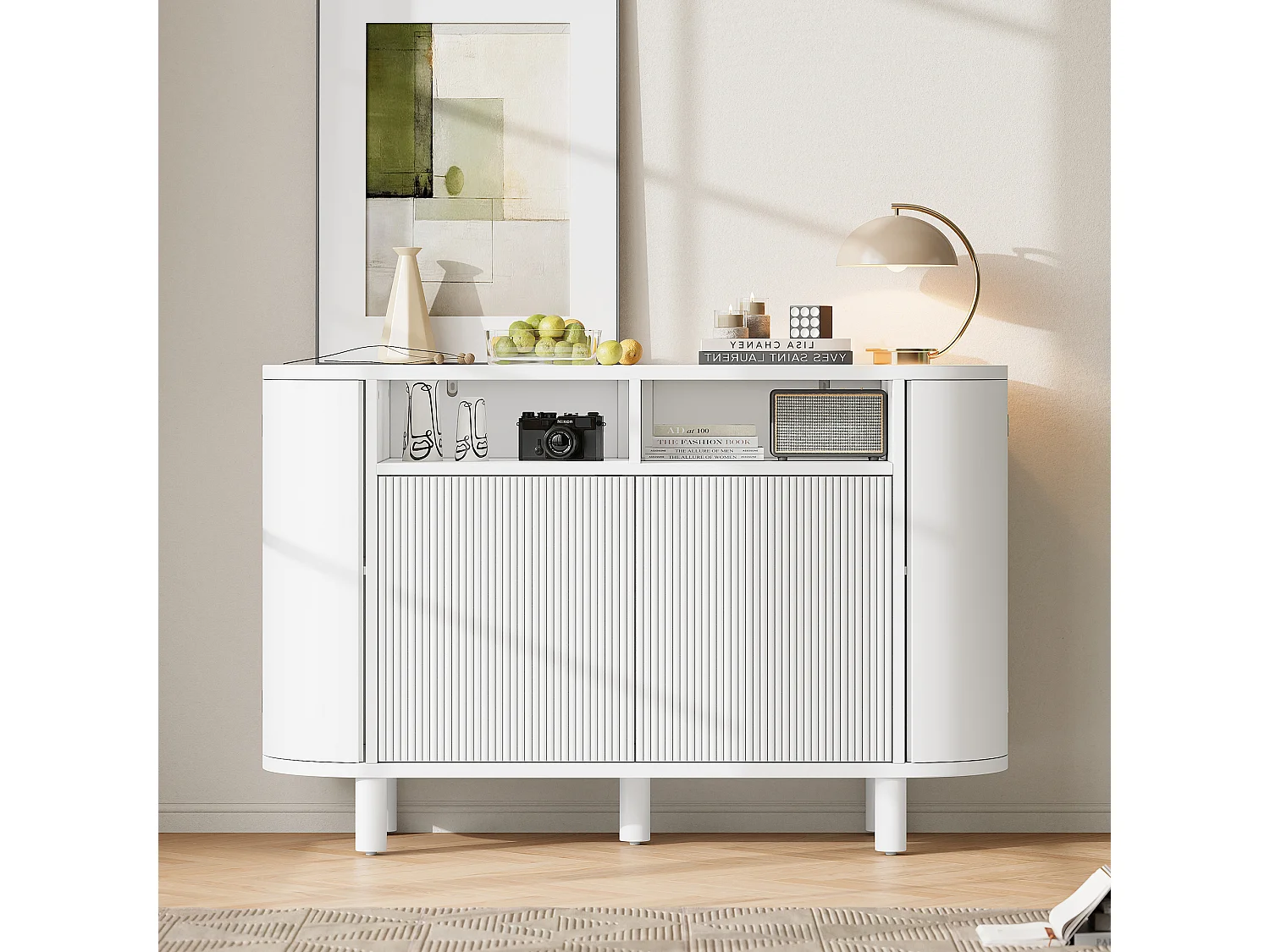 Buffet avec 4 portes et rangement ouvert - Blanc 120 x 38 x 77 cm