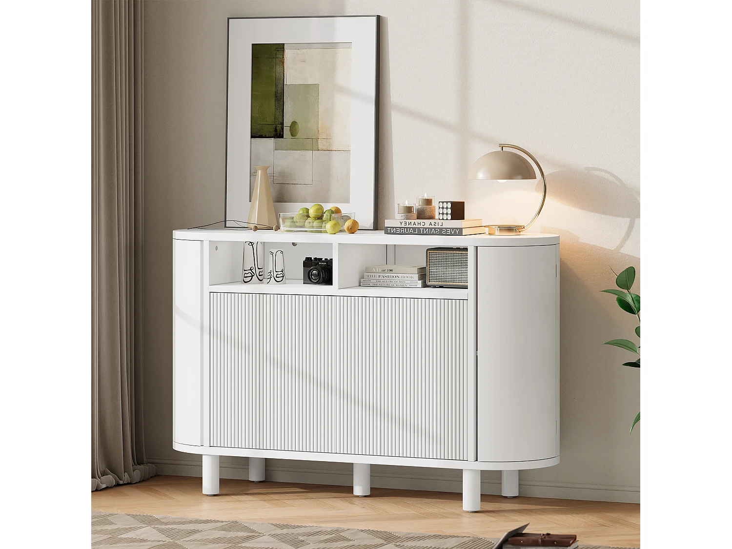 Buffet avec 4 portes et rangement ouvert - Blanc 120 x 38 x 77 cm