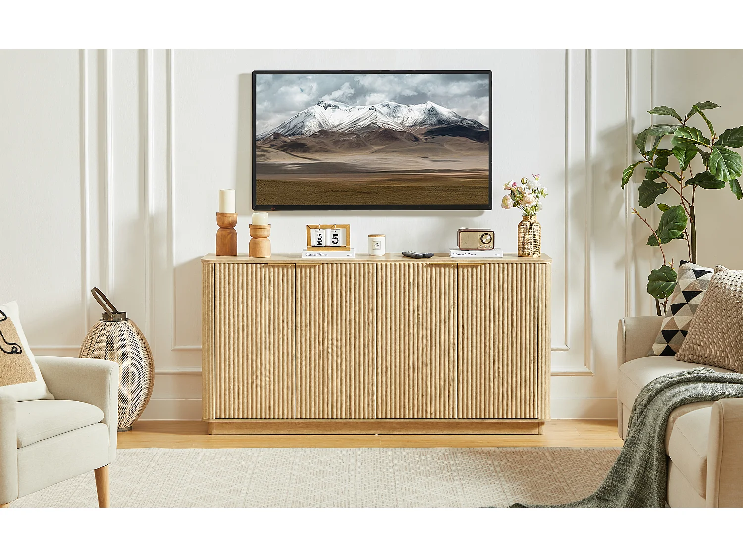 Buffet avec 4 portes rayures verticales - Couleur bois 160 x 40 x 80 cm