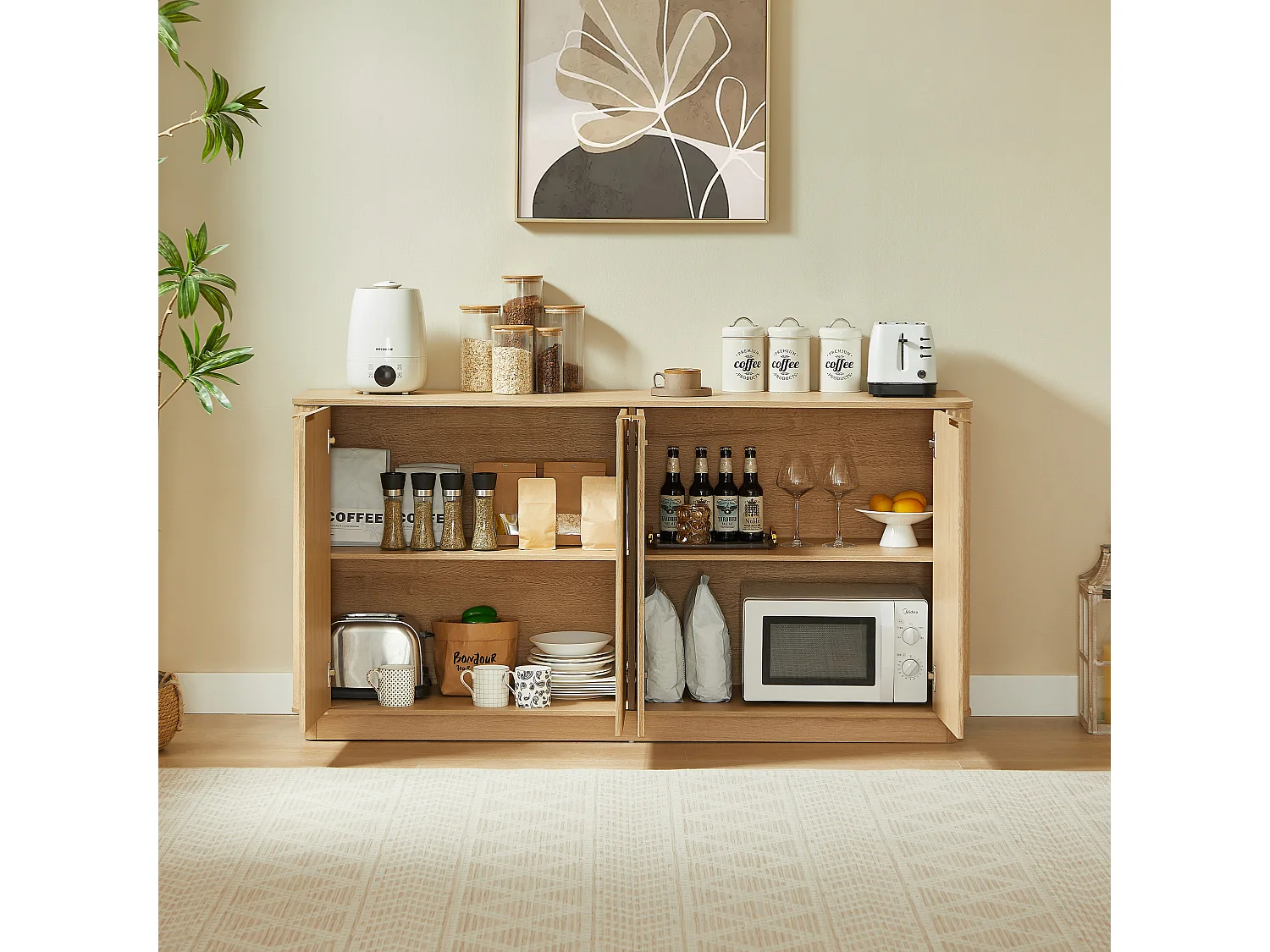 Buffet avec 4 portes rayures verticales - Couleur bois 160 x 40 x 80 cm