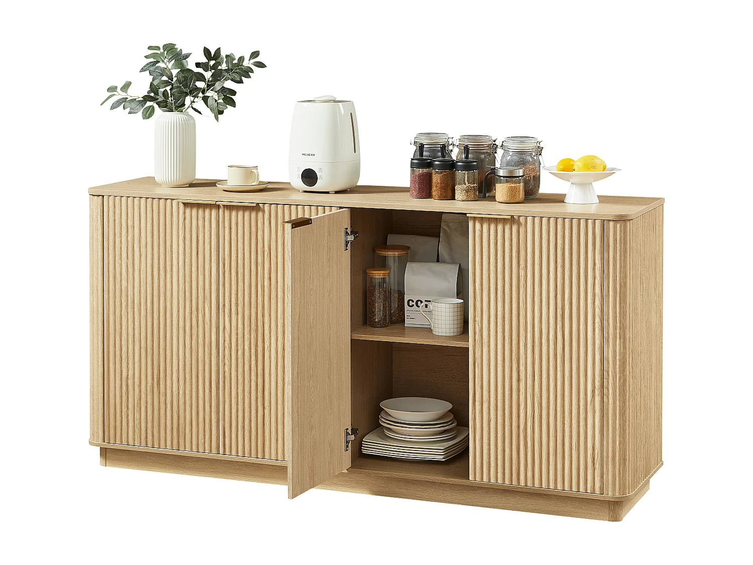 Buffet avec 4 portes rayures verticales - Couleur bois 160 x 40 x 80 cm