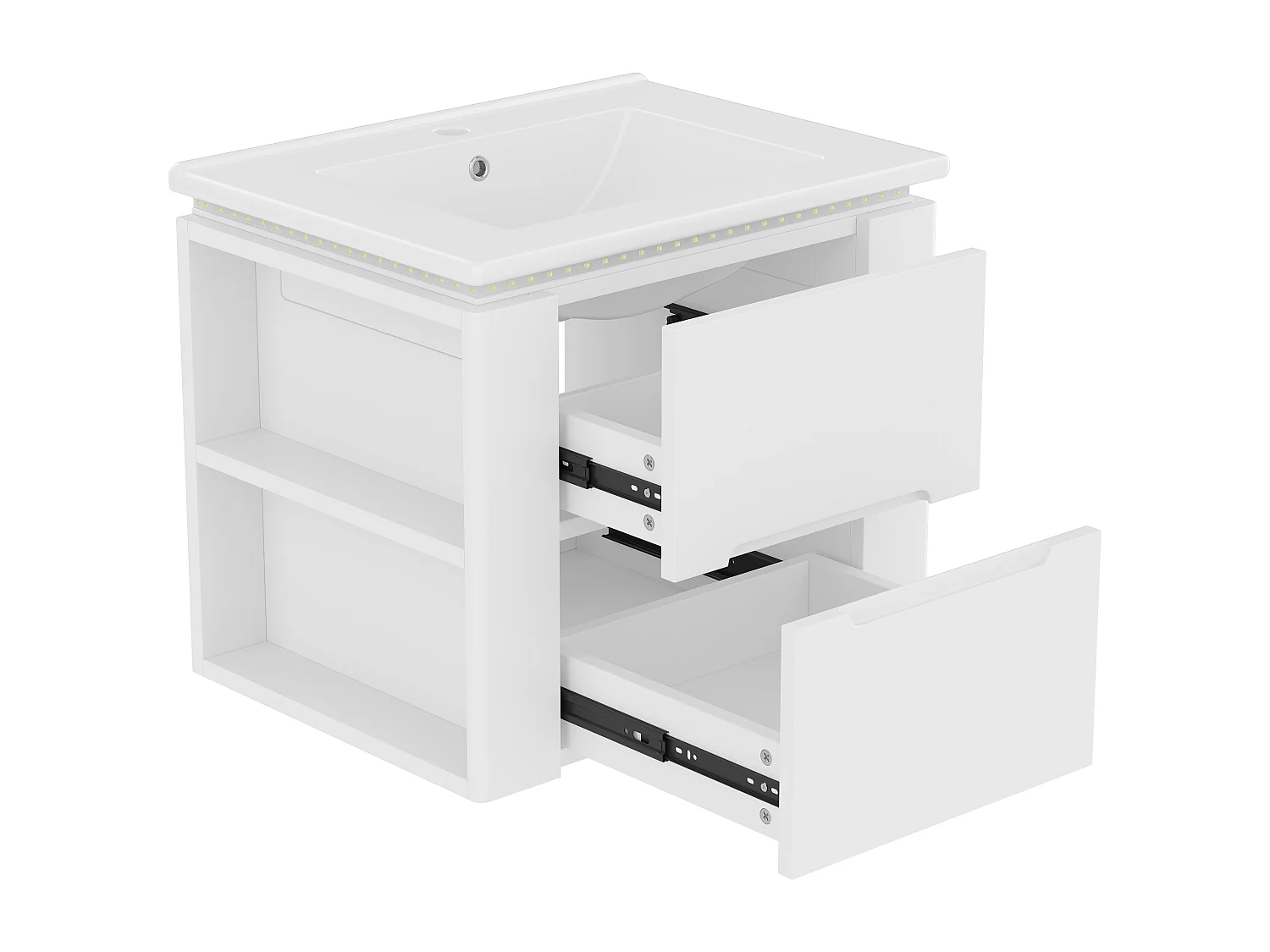 Gelakt wandmeubel voor de badkamer met ledverlichting, 2 lades en 2 zijplanken - Wit