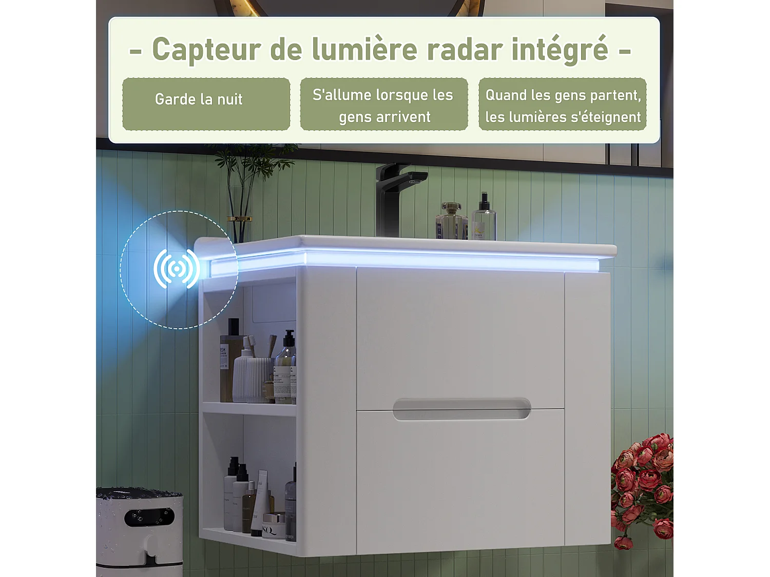 Gelakt wandmeubel voor de badkamer met ledverlichting, 2 lades en 2 zijplanken - Wit