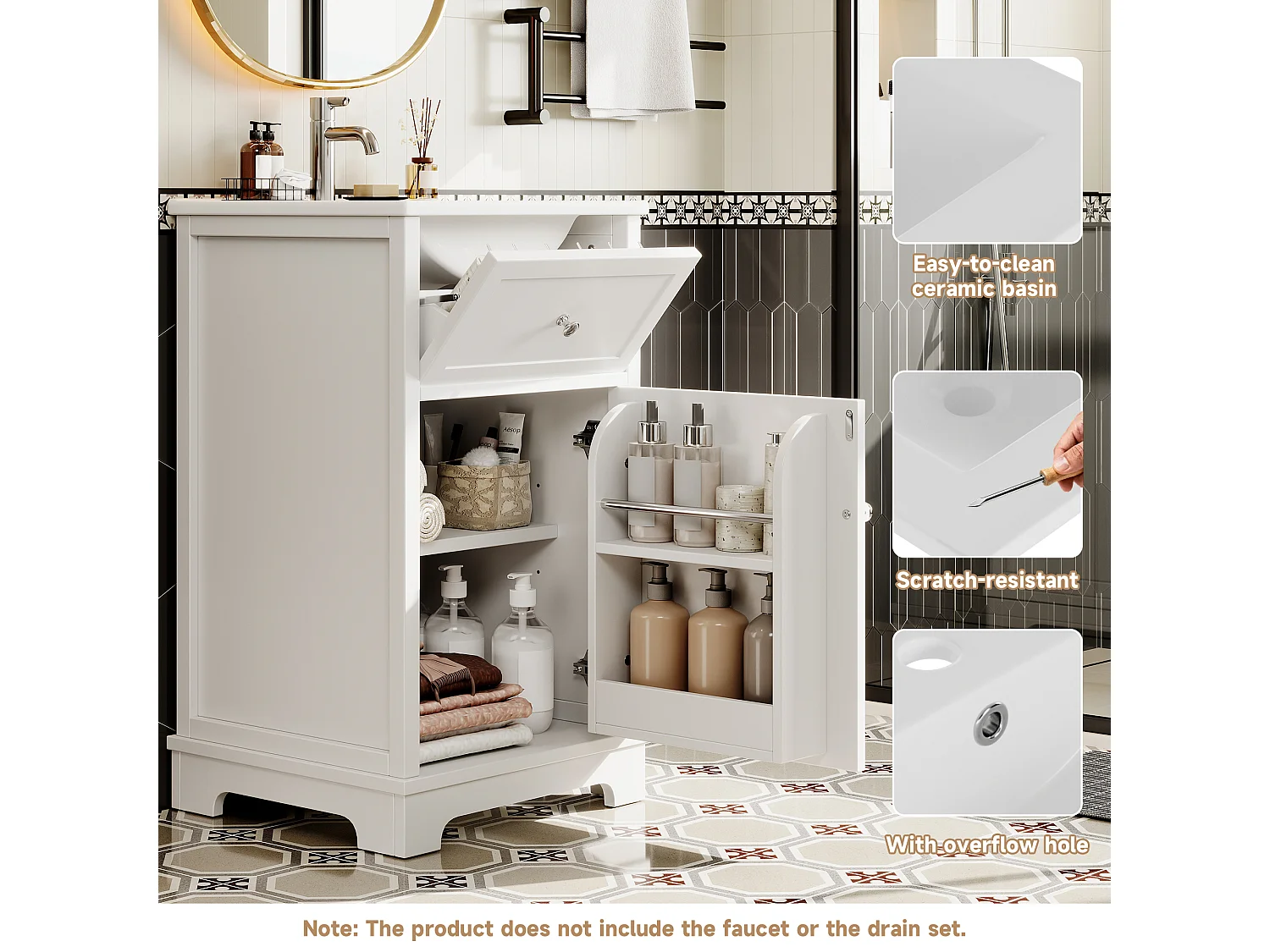 Vrijstaande badkamerkast - Met keramische wasbak + deur + lade - Wit