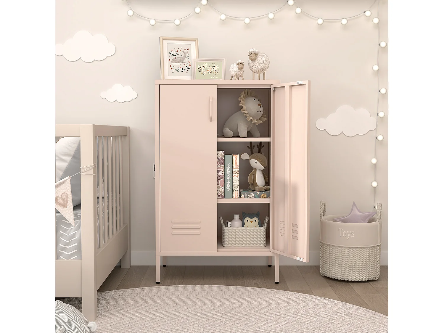 Buffet en métal rose avec 2 portes et 2 étagères réglables