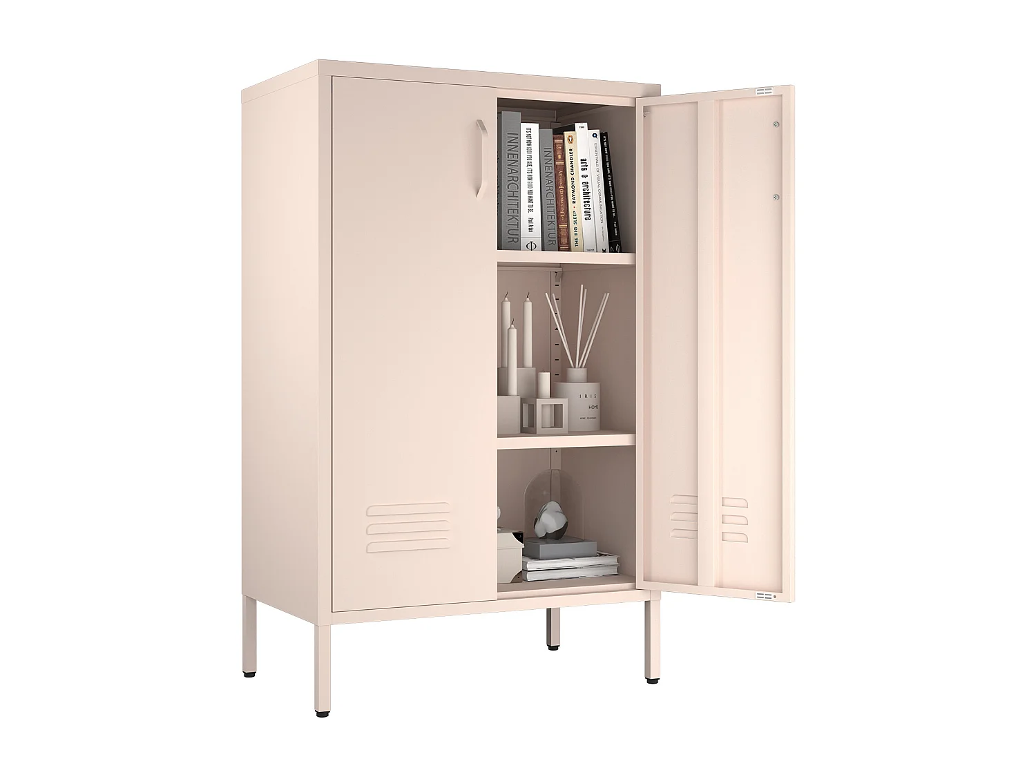 Buffet en métal rose avec 2 portes et 2 étagères réglables