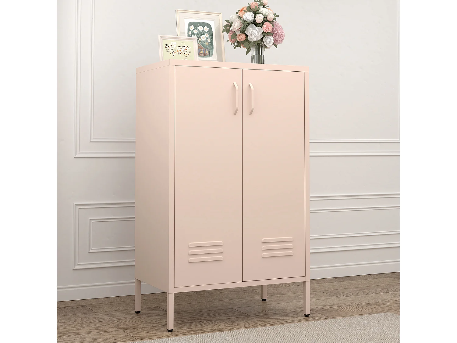 Buffet en métal rose avec 2 portes et 2 étagères réglables