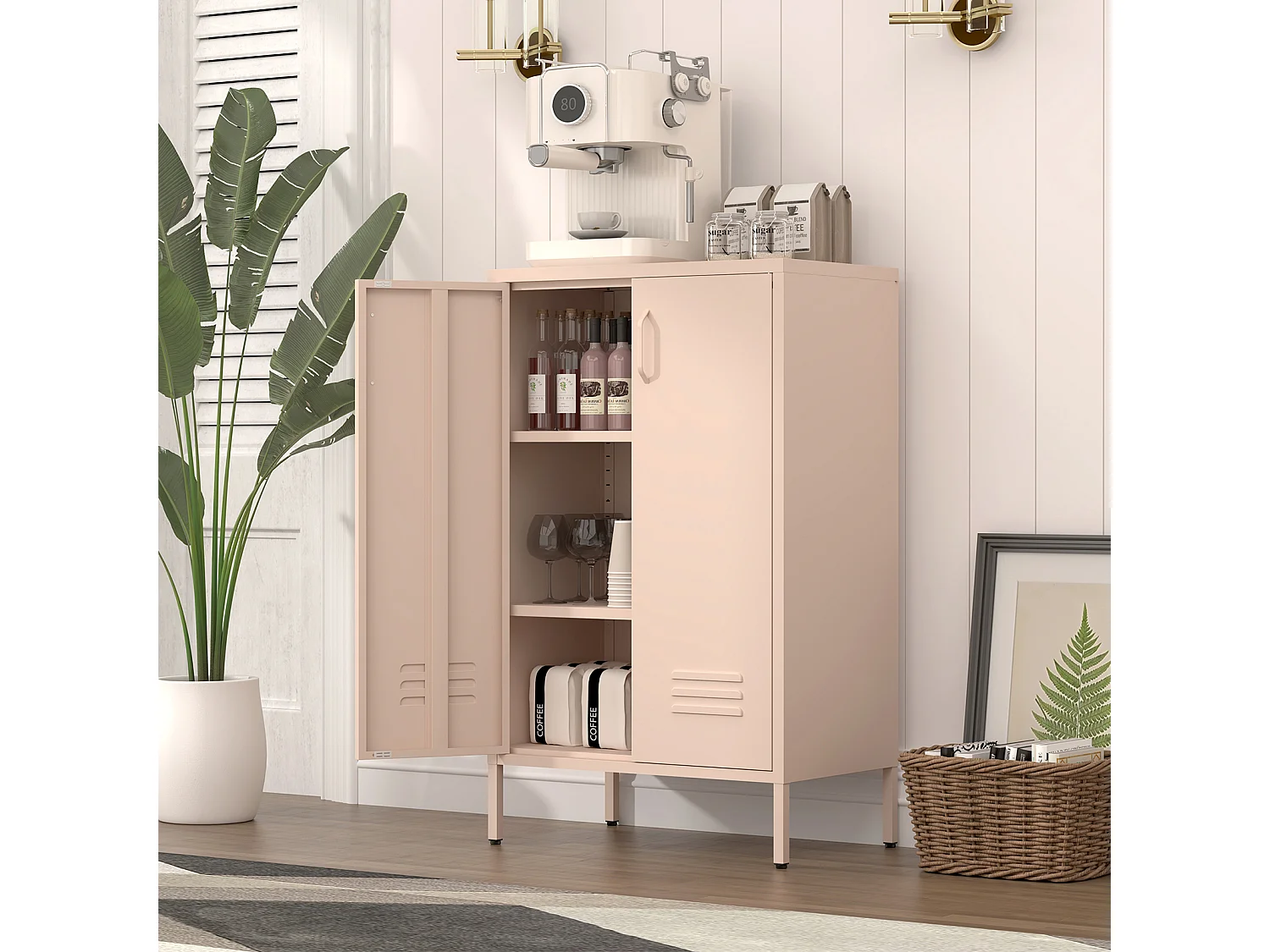 Buffet en métal rose avec 2 portes et 2 étagères réglables