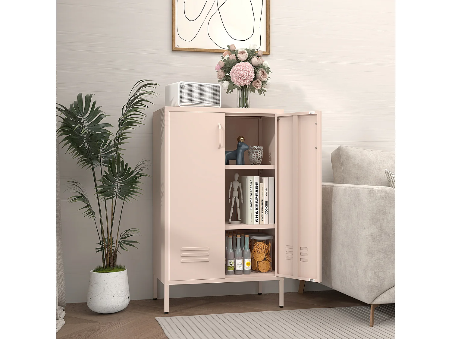 Buffet en métal rose avec 2 portes et 2 étagères réglables