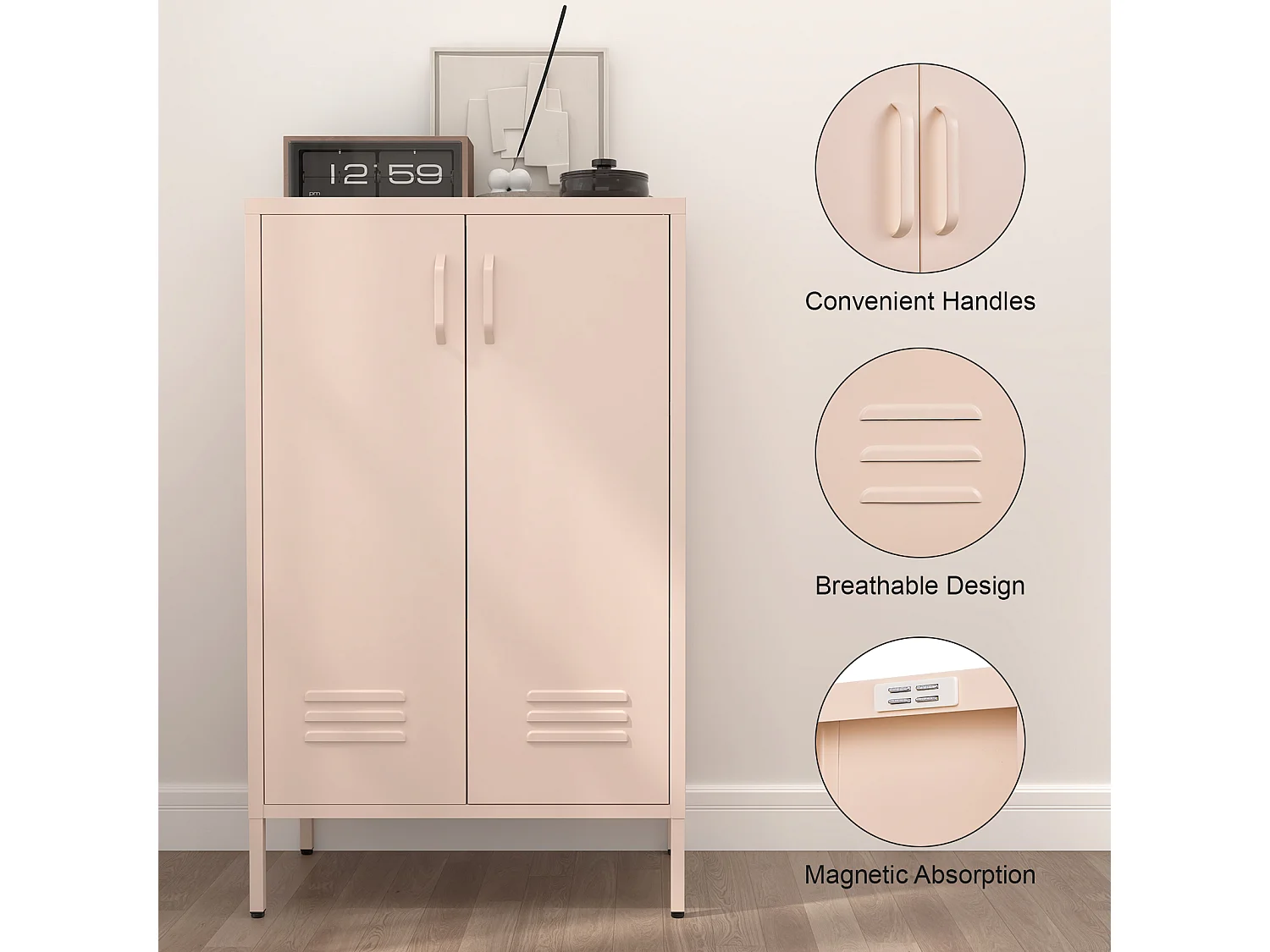 Buffet en métal rose avec 2 portes et 2 étagères réglables