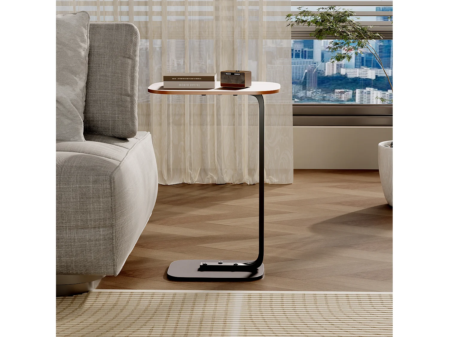 Table d’appoint en forme C pour canapé – Plateau effet bois - Couleur bois foncé et noir