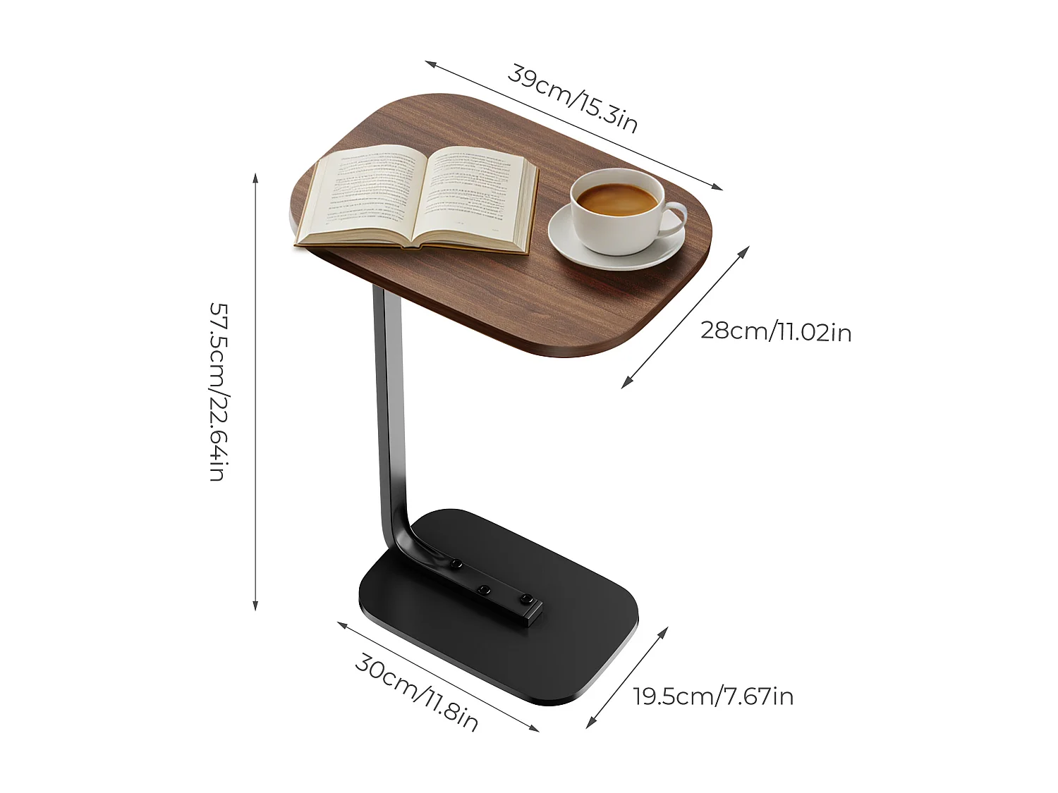 Table d’appoint en forme C pour canapé – Plateau effet bois - Couleur bois foncé et noir