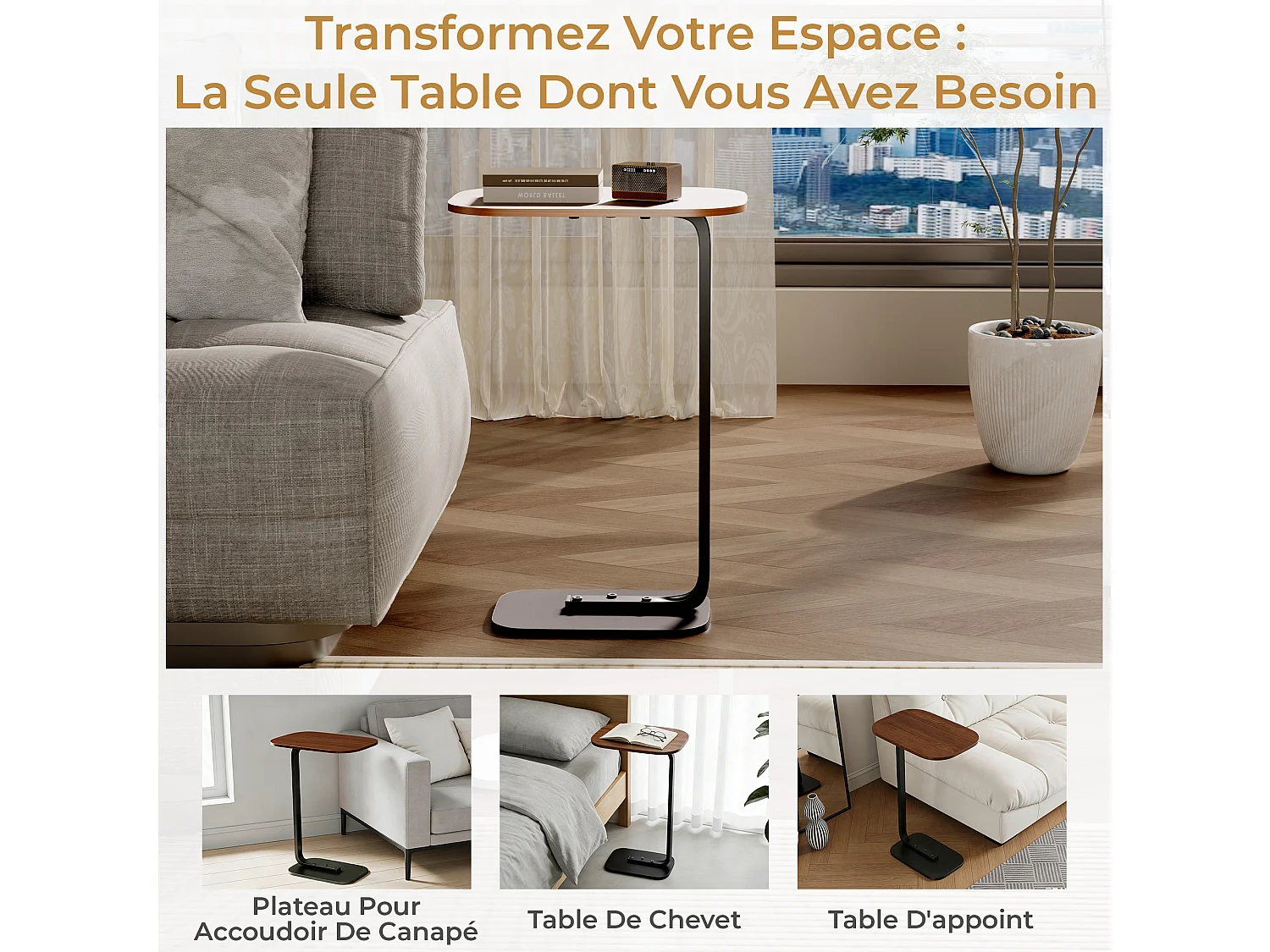 Table d’appoint en forme C pour canapé – Plateau effet bois - Couleur bois foncé et noir
