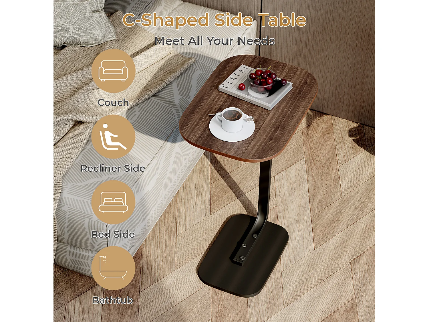 Table d’appoint en forme C pour canapé – Plateau effet bois - Couleur bois foncé et noir