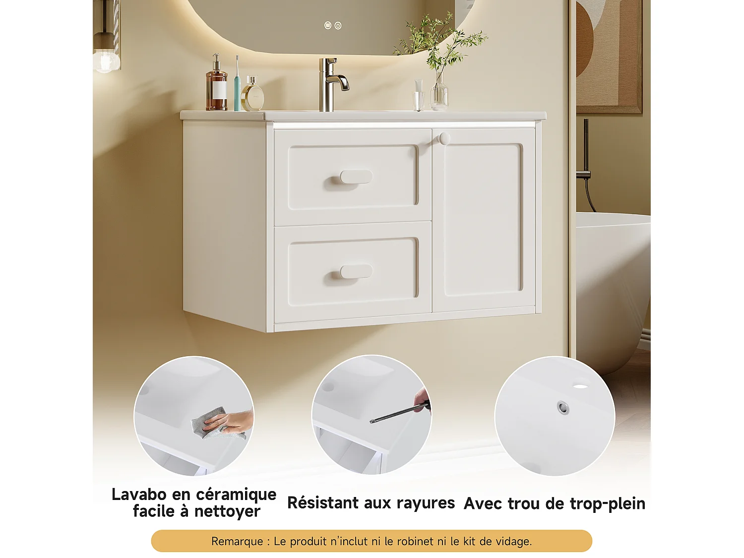 Móvel de casa de banho suspenso com 2 gavetas e iluminação LED - Branco