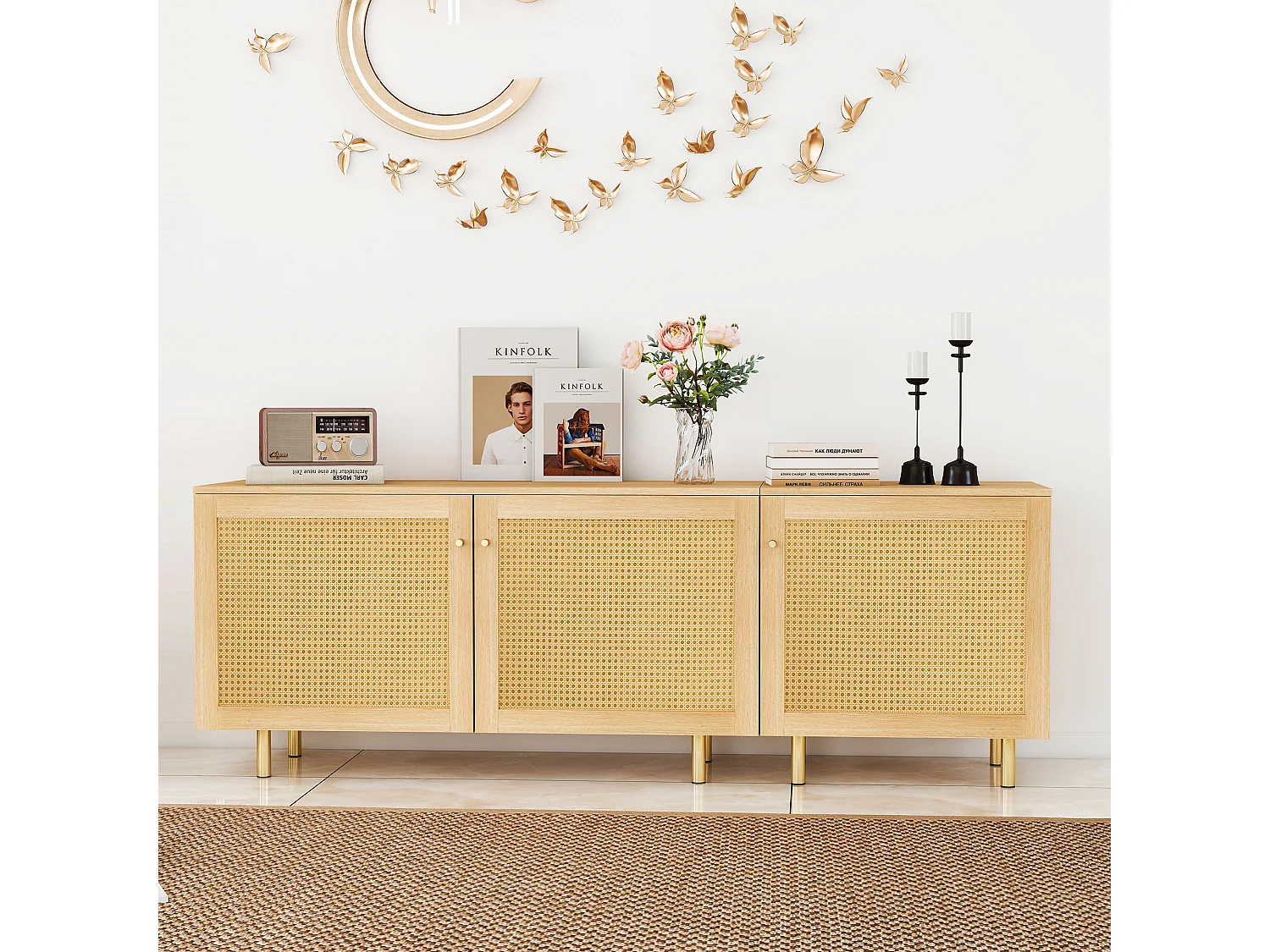 Buffet modulable avec 3 portes bois naturel - Pieds métal doré