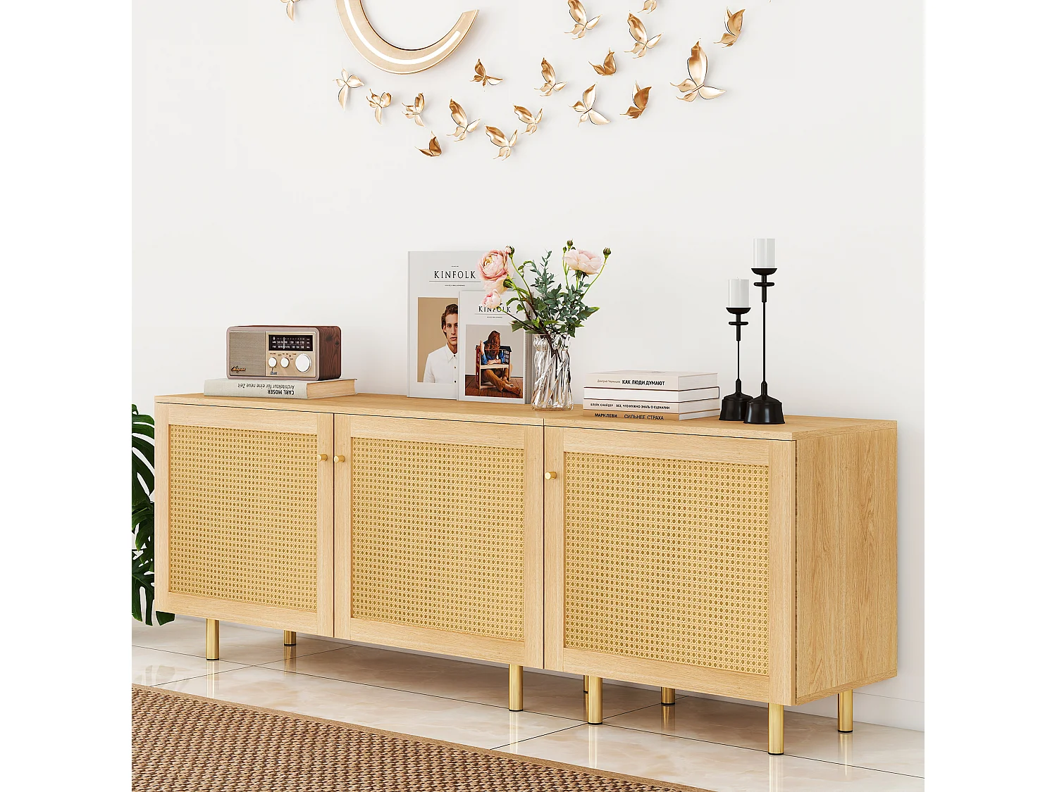 Buffet modulable avec 3 portes bois naturel - Pieds métal doré