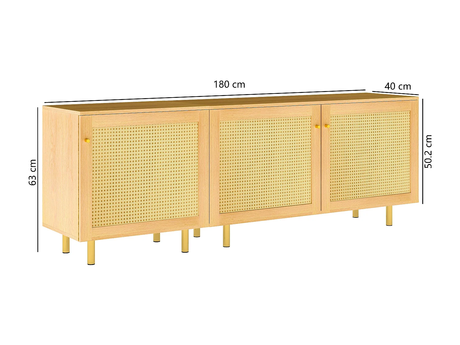Buffet modulable avec 3 portes bois naturel - Pieds métal doré