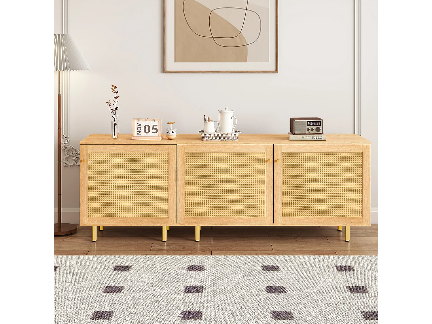 Buffet modulable avec 3 portes bois naturel - Pieds métal doré