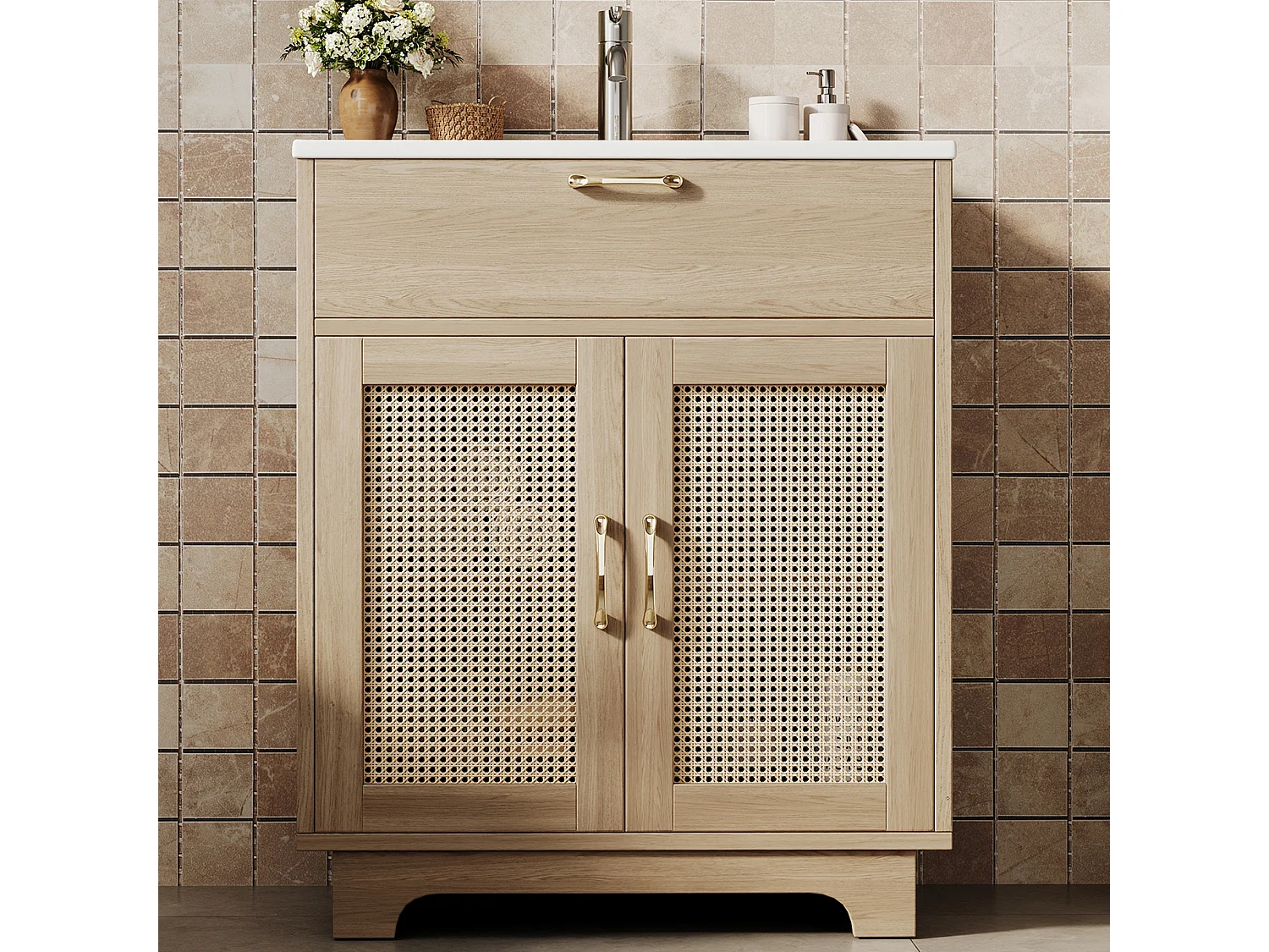 Meuble de Salle de Bain avec 2 portes + vasque à poser en céramique - Naturel clair