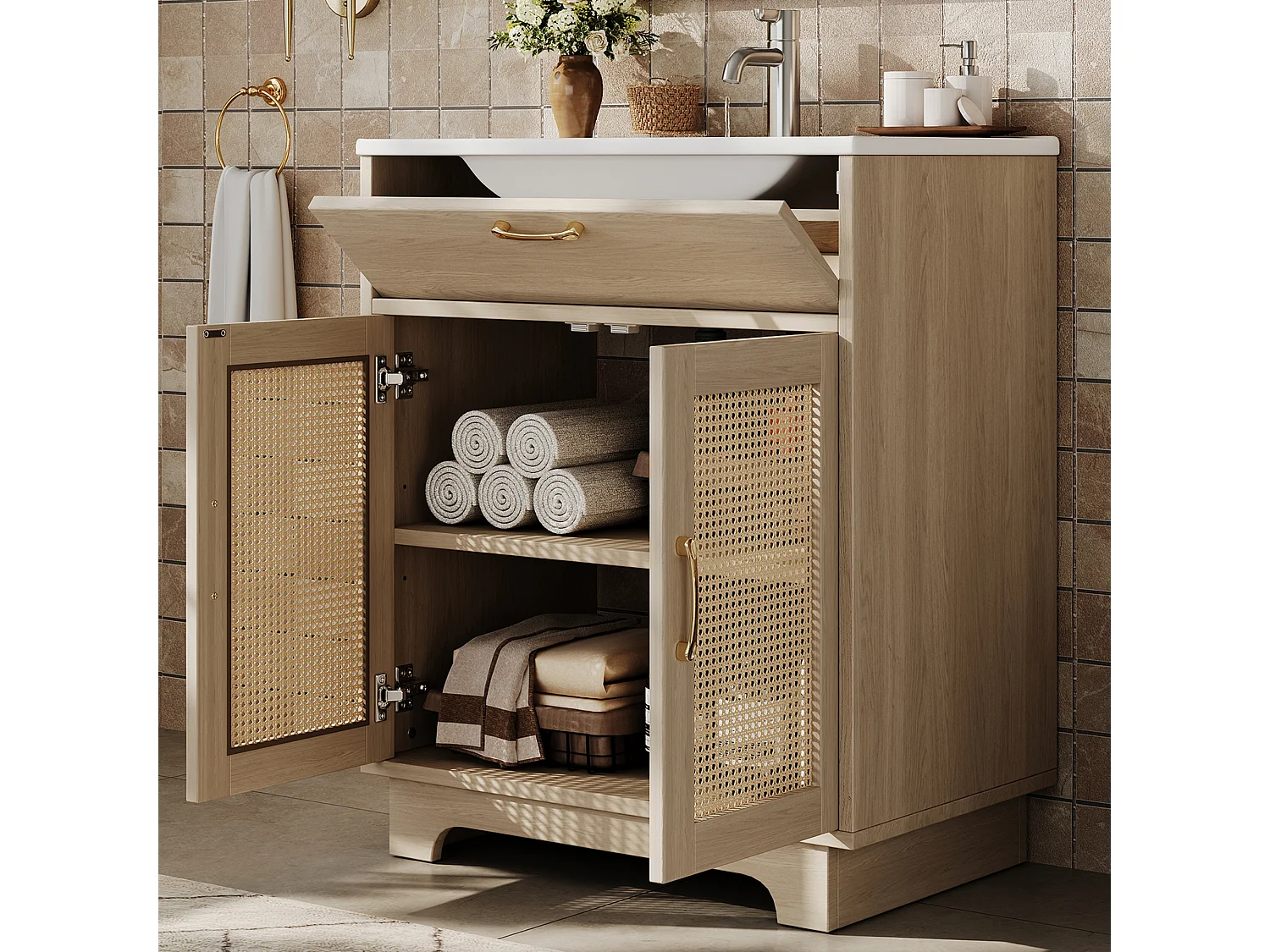 Meuble de Salle de Bain avec 2 portes + vasque à poser en céramique - Naturel clair