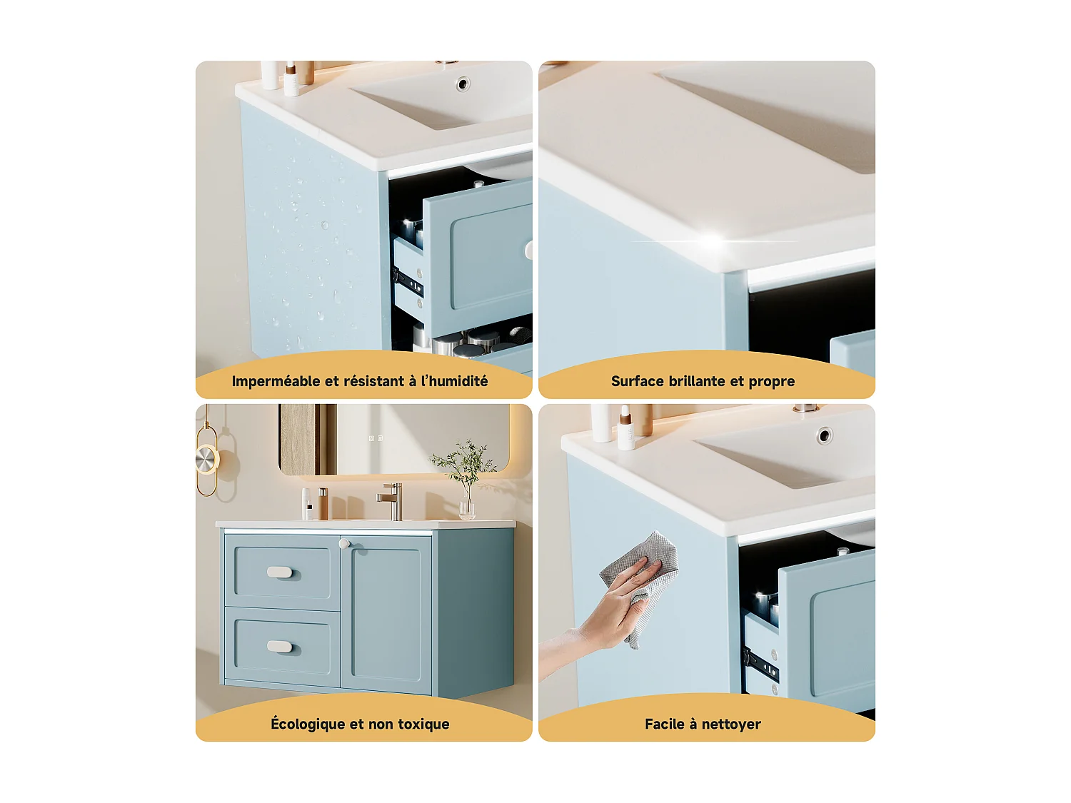 Armário de casa de banho suspenso com 2 gavetas e iluminação LED - Azul