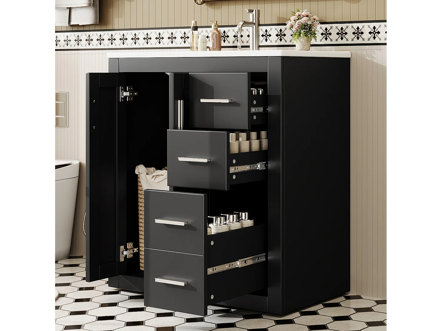 Meuble de salle de bain sur pied - Avec vasque en céramique + 2 portes + 3 tiroir - Noir