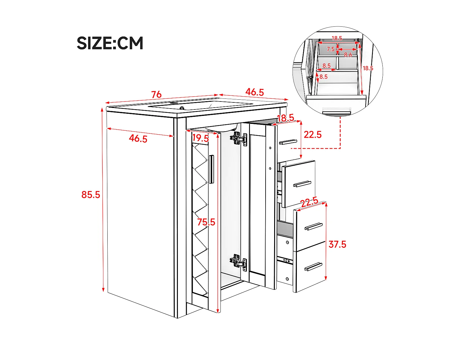 Meuble de salle de bain sur pied - Avec vasque en céramique + 2 portes + 3 tiroir - Noir