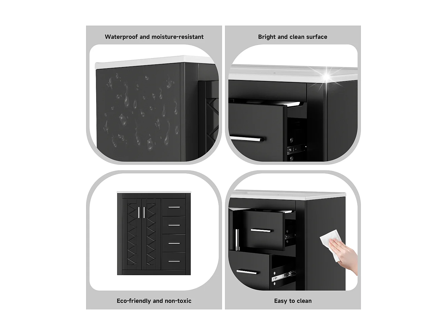 Meuble de salle de bain sur pied - Avec vasque en céramique + 2 portes + 3 tiroir - Noir