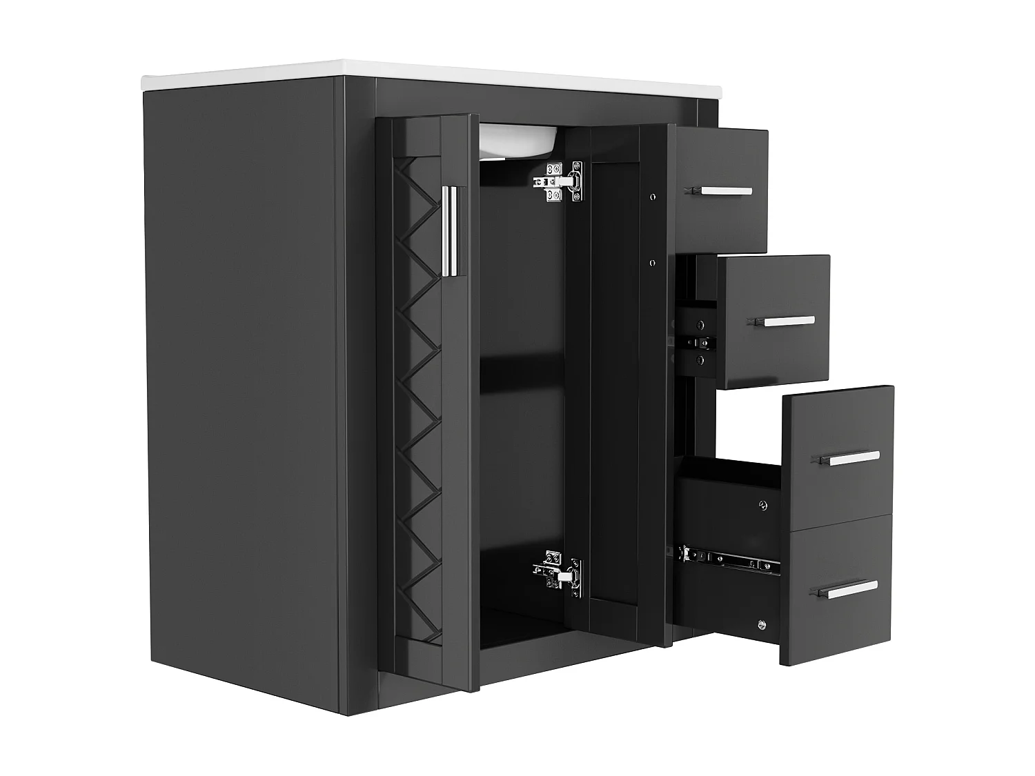 Meuble de salle de bain sur pied - Avec vasque en céramique + 2 portes + 3 tiroir - Noir