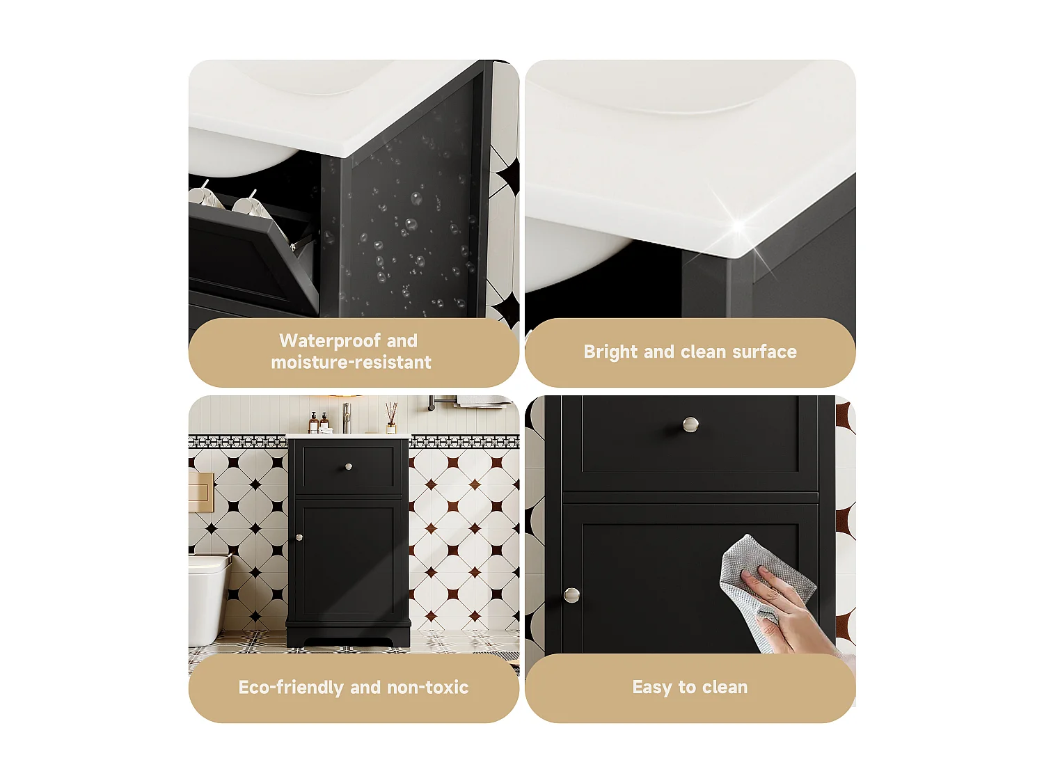 Vrijstaande badkamerkast - Met keramische wasbak + deur + lade - Zwart