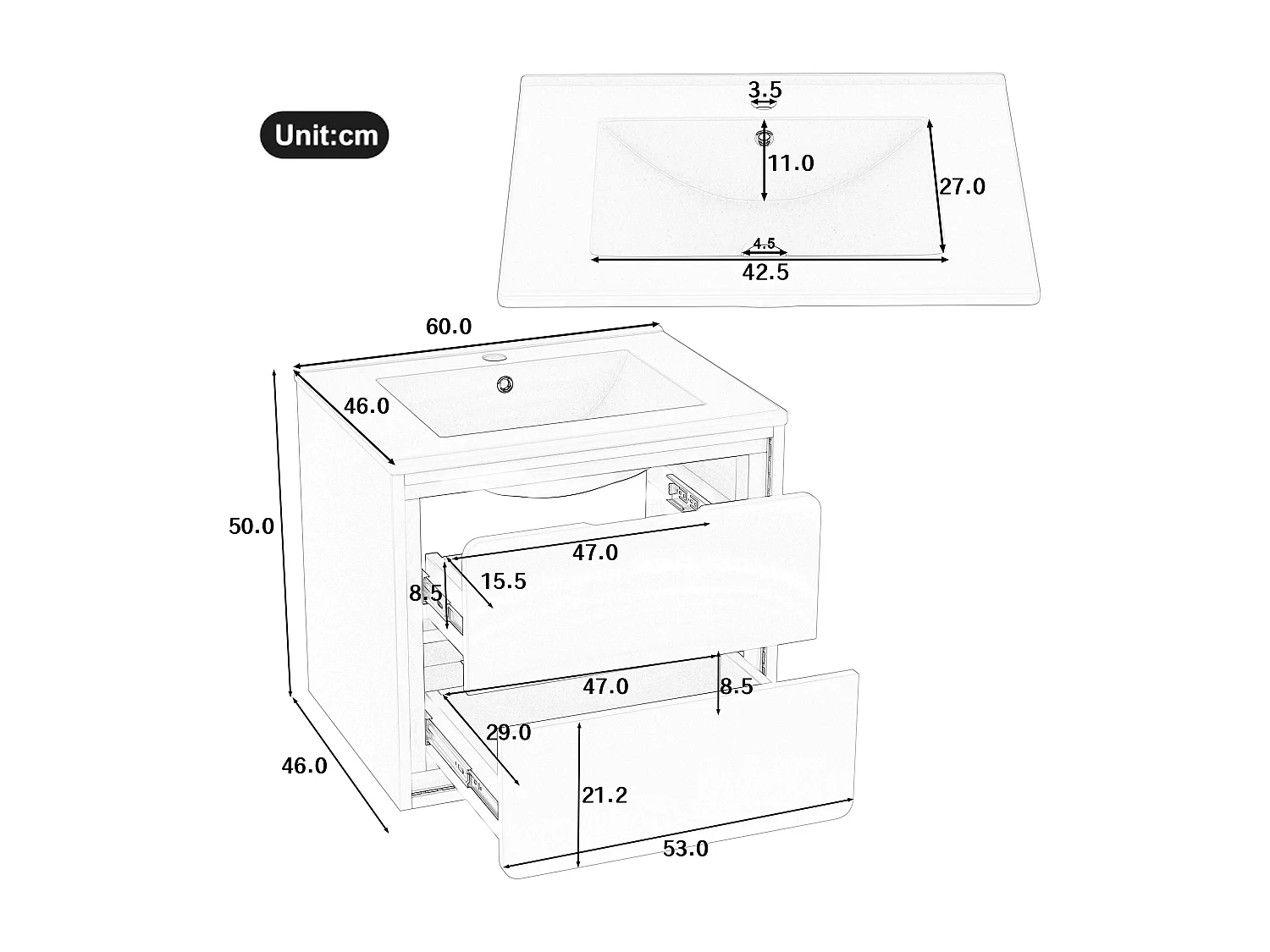 Wandgemonteerde badkamerkast 60 x 46 x 50 cm met ledverlichting en 2 lades - Wit gelakt