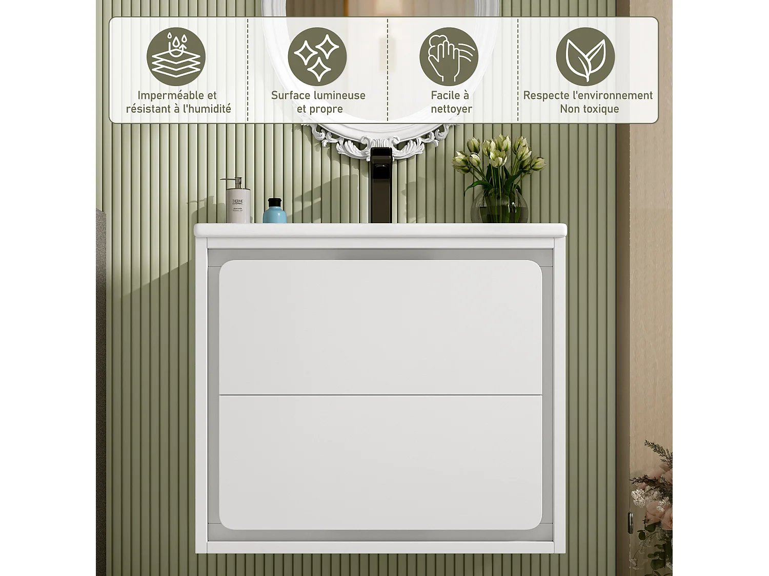 Wandgemonteerde badkamerkast 60 x 46 x 50 cm met ledverlichting en 2 lades - Wit gelakt