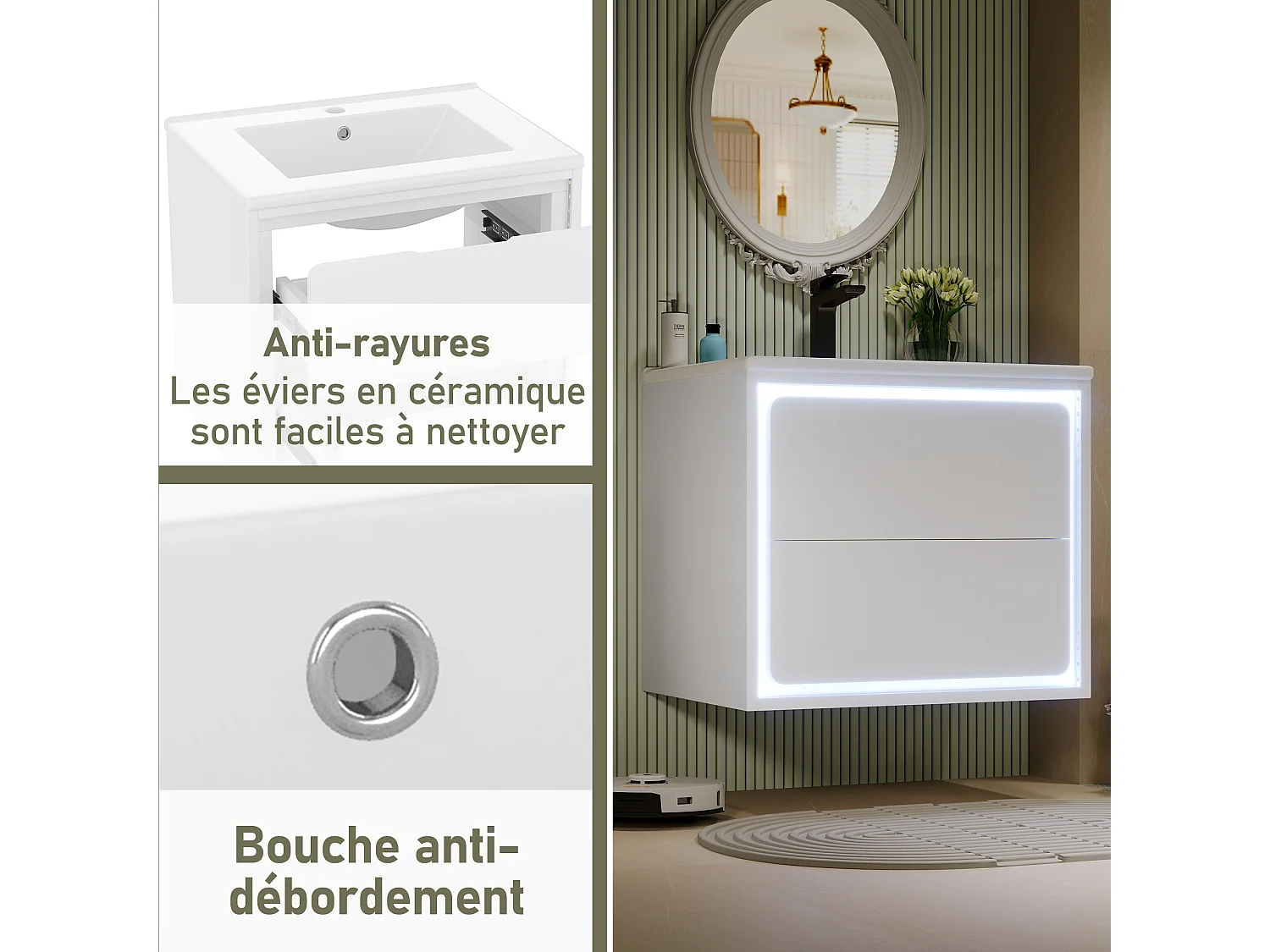 Wandgemonteerde badkamerkast 60 x 46 x 50 cm met ledverlichting en 2 lades - Wit gelakt