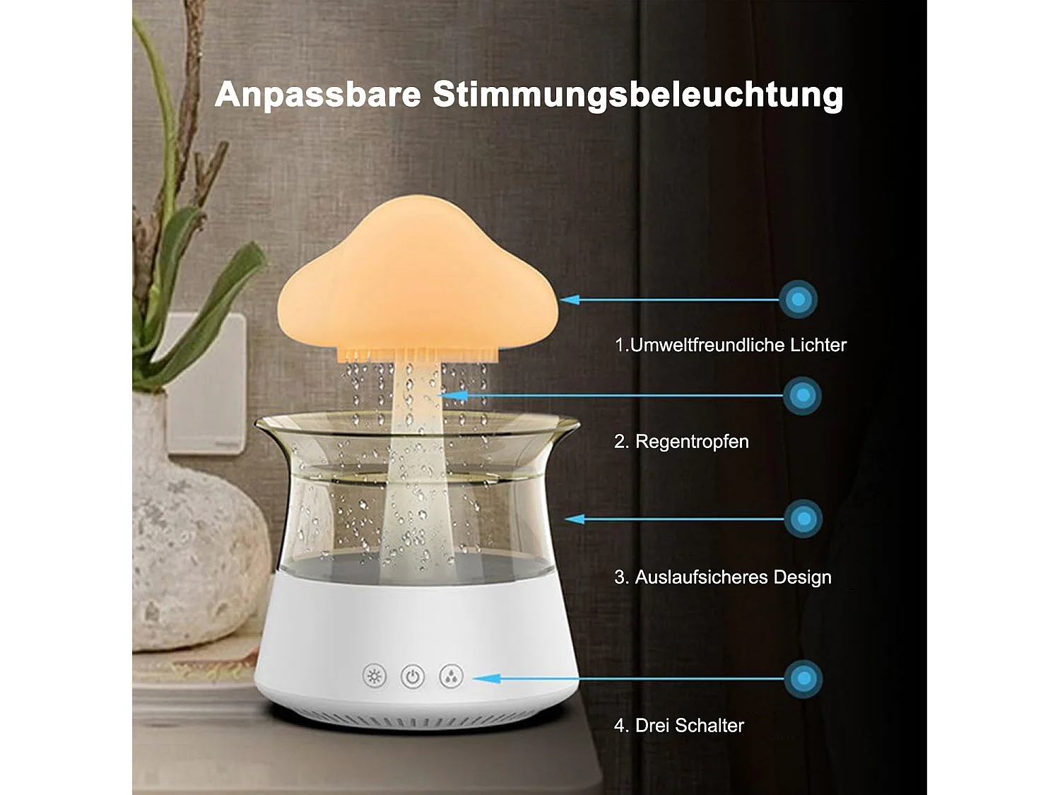 Humidificateur en forme de champignon blanc avec lumière d'ambiance 7couleurs