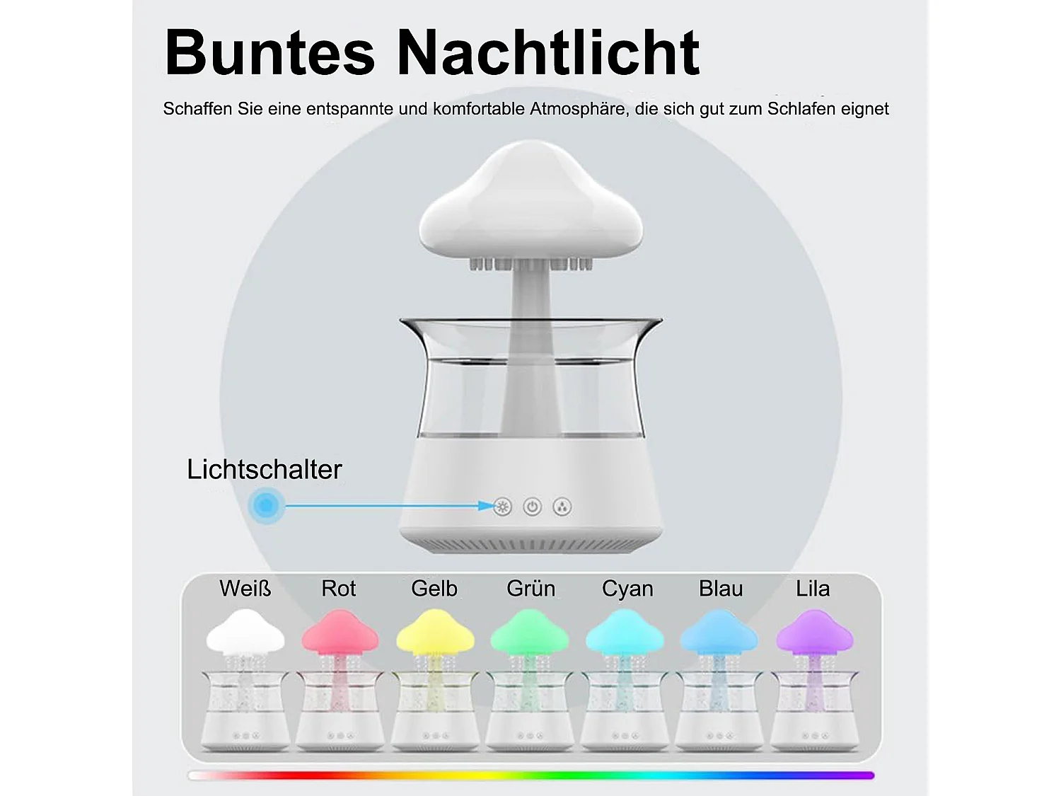 Humidificateur en forme de champignon blanc avec lumière d'ambiance 7couleurs
