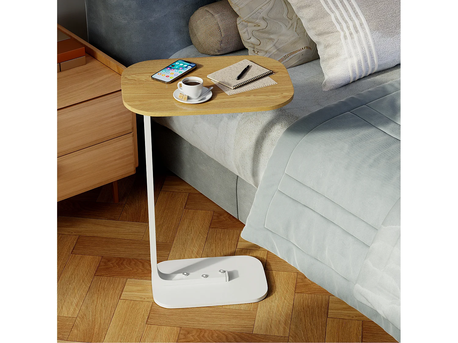 Table d’appoint en forme C pour canapé – Plateau effet bois - Couleur bois cliar et blanc