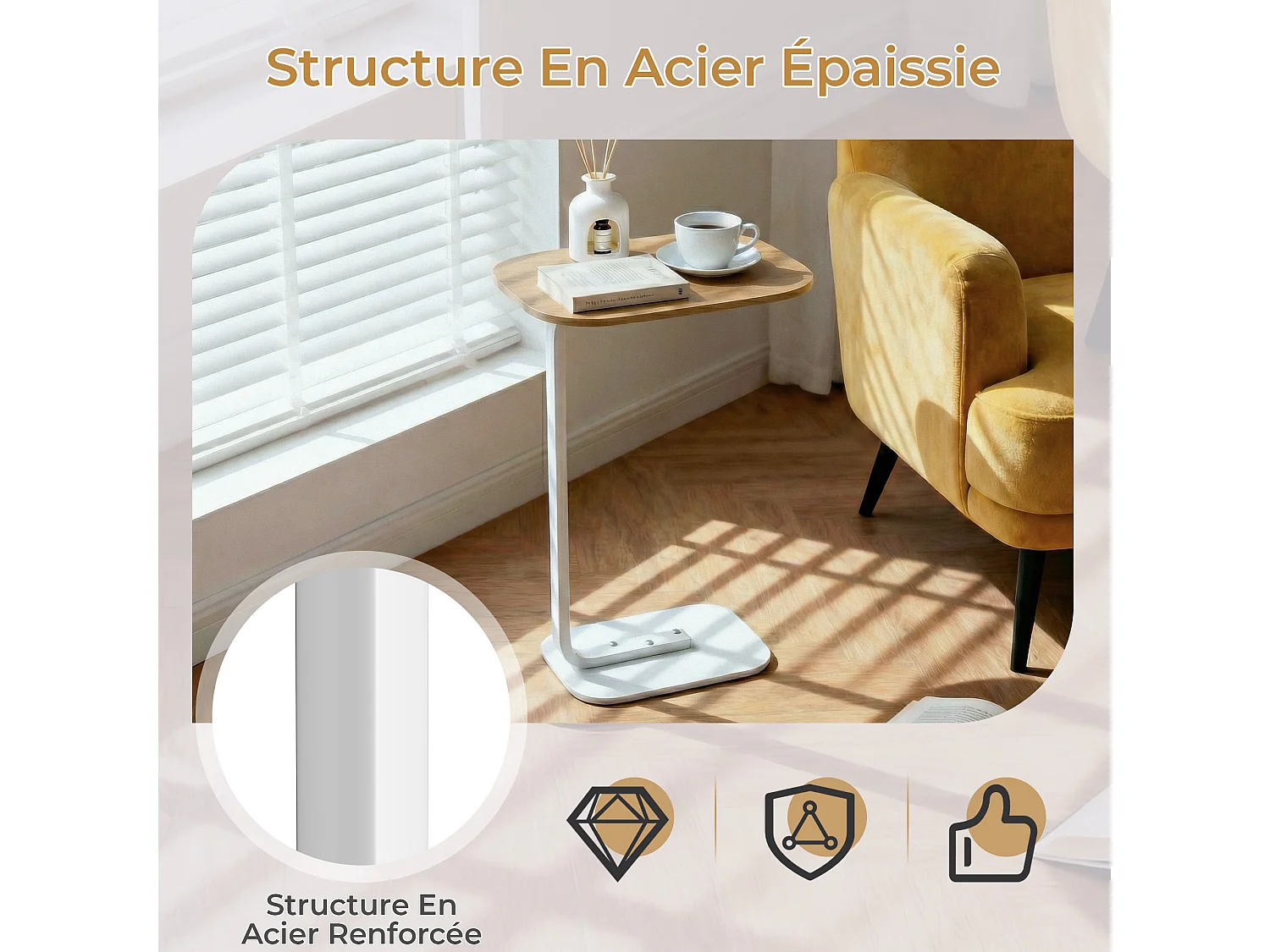 Table d’appoint en forme C pour canapé – Plateau effet bois - Couleur bois cliar et blanc