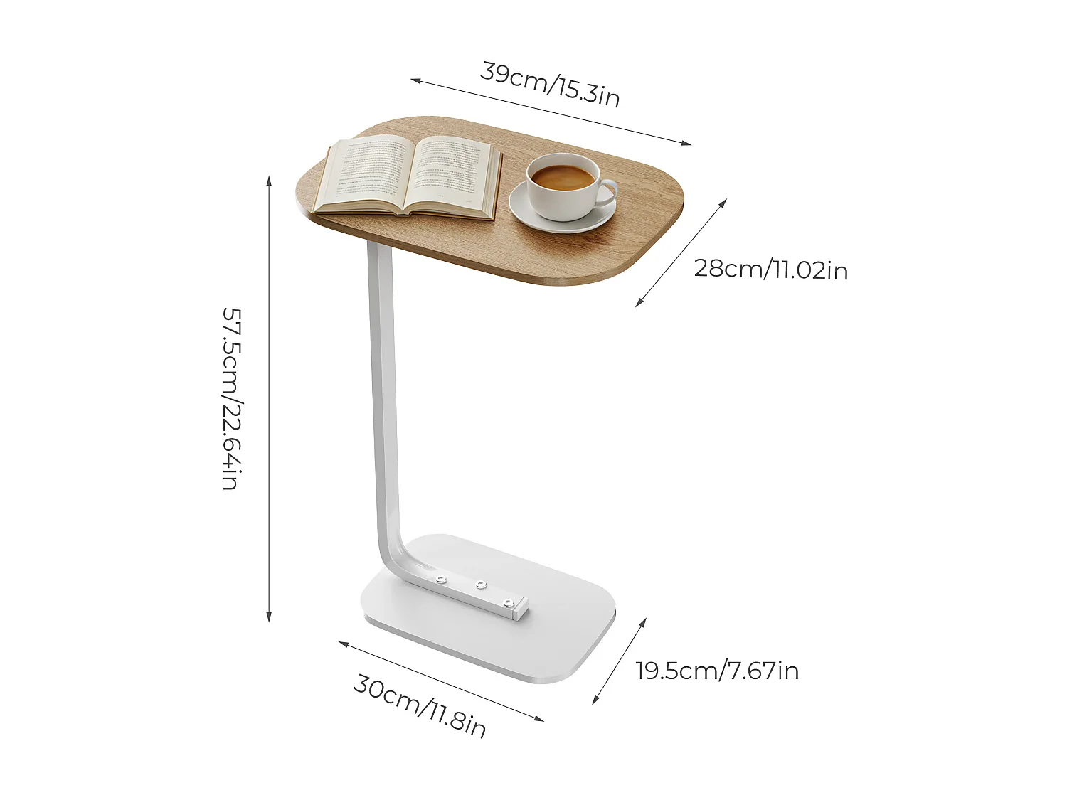 Table d’appoint en forme C pour canapé – Plateau effet bois - Couleur bois cliar et blanc