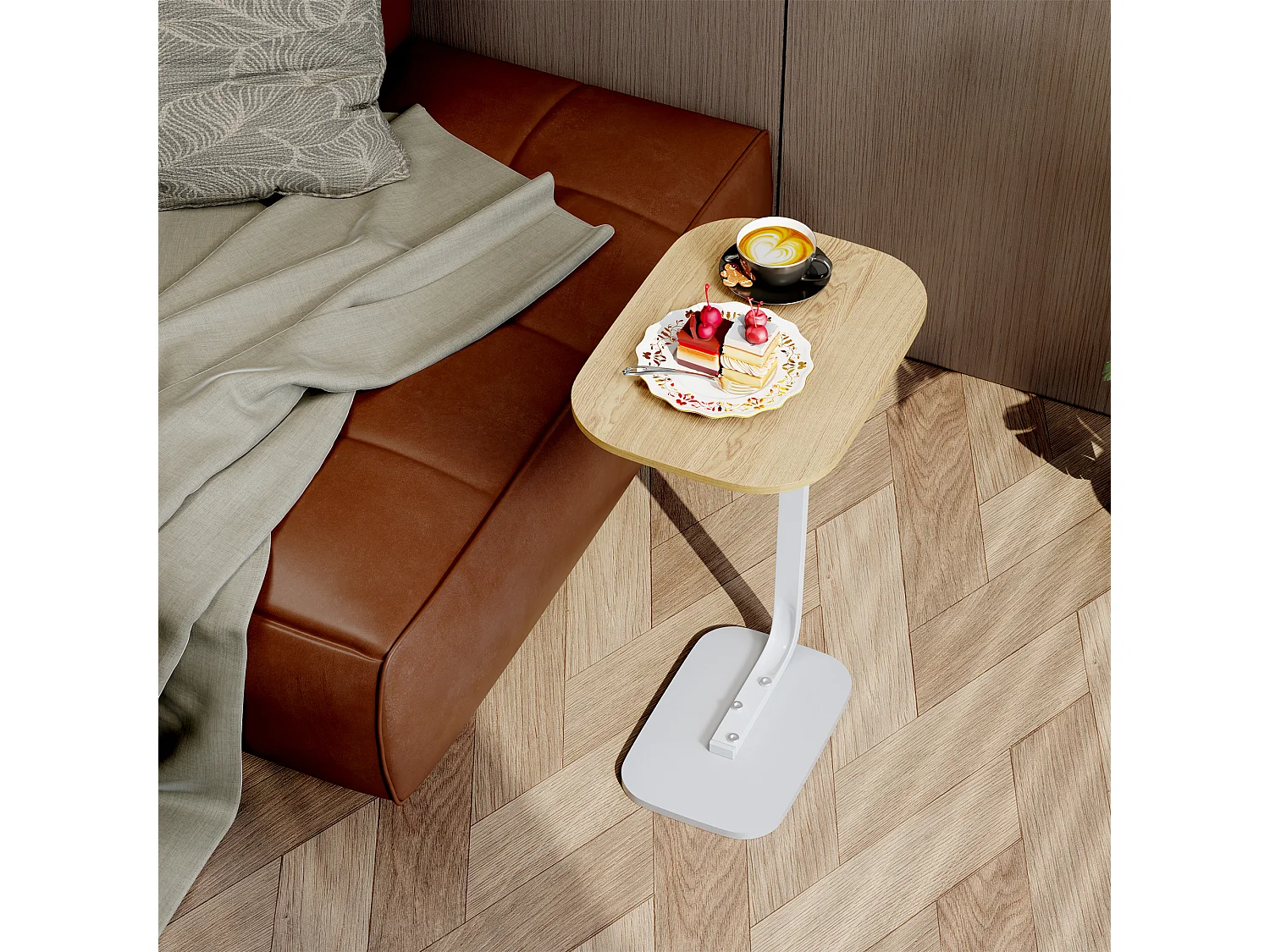 Table d’appoint en forme C pour canapé – Plateau effet bois - Couleur bois cliar et blanc