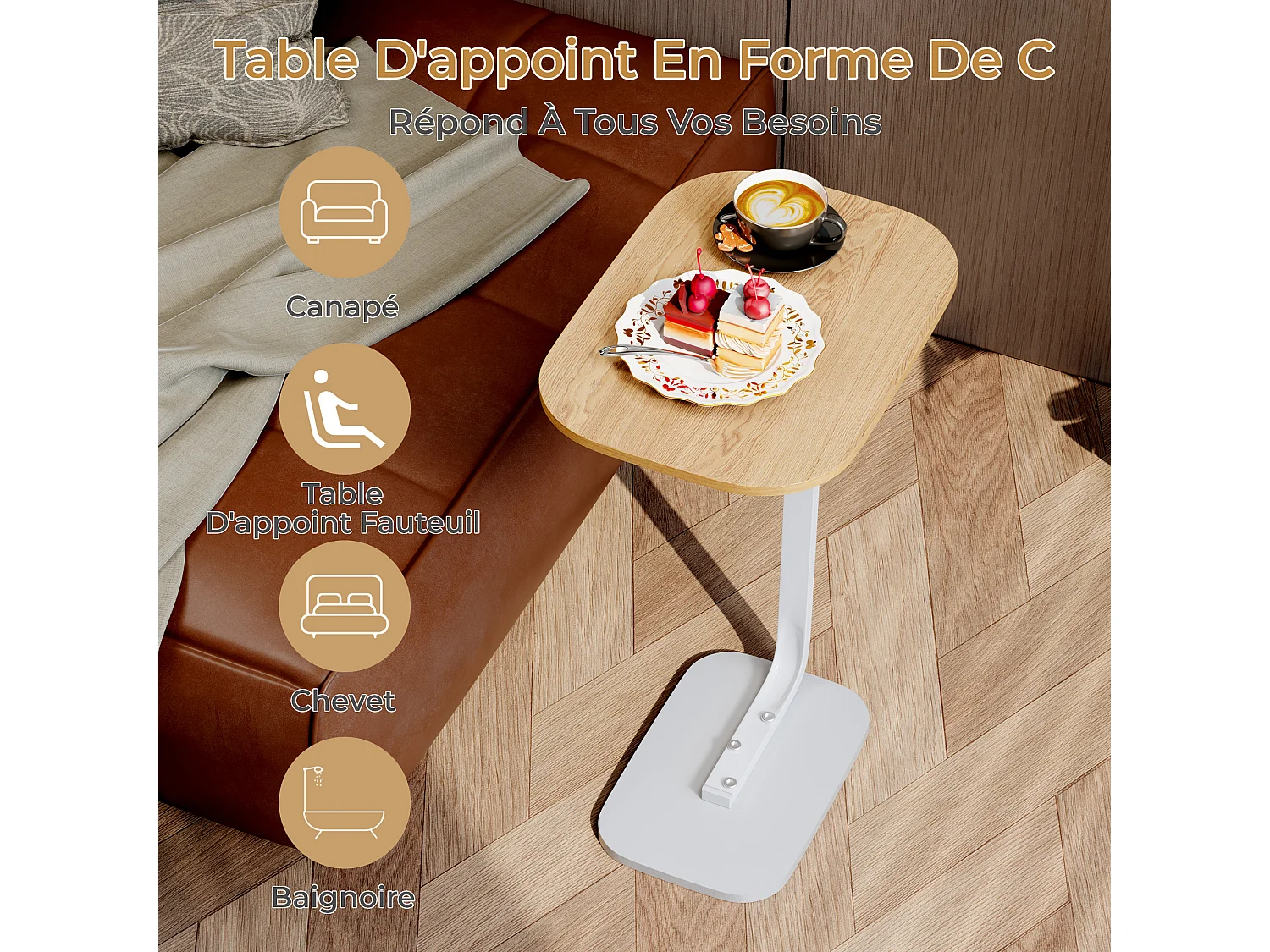 Table d’appoint en forme C pour canapé – Plateau effet bois - Couleur bois cliar et blanc