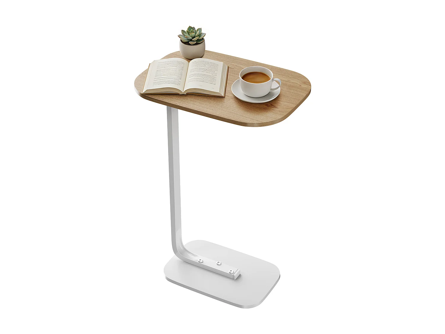Table d’appoint en forme C pour canapé – Plateau effet bois - Couleur bois cliar et blanc