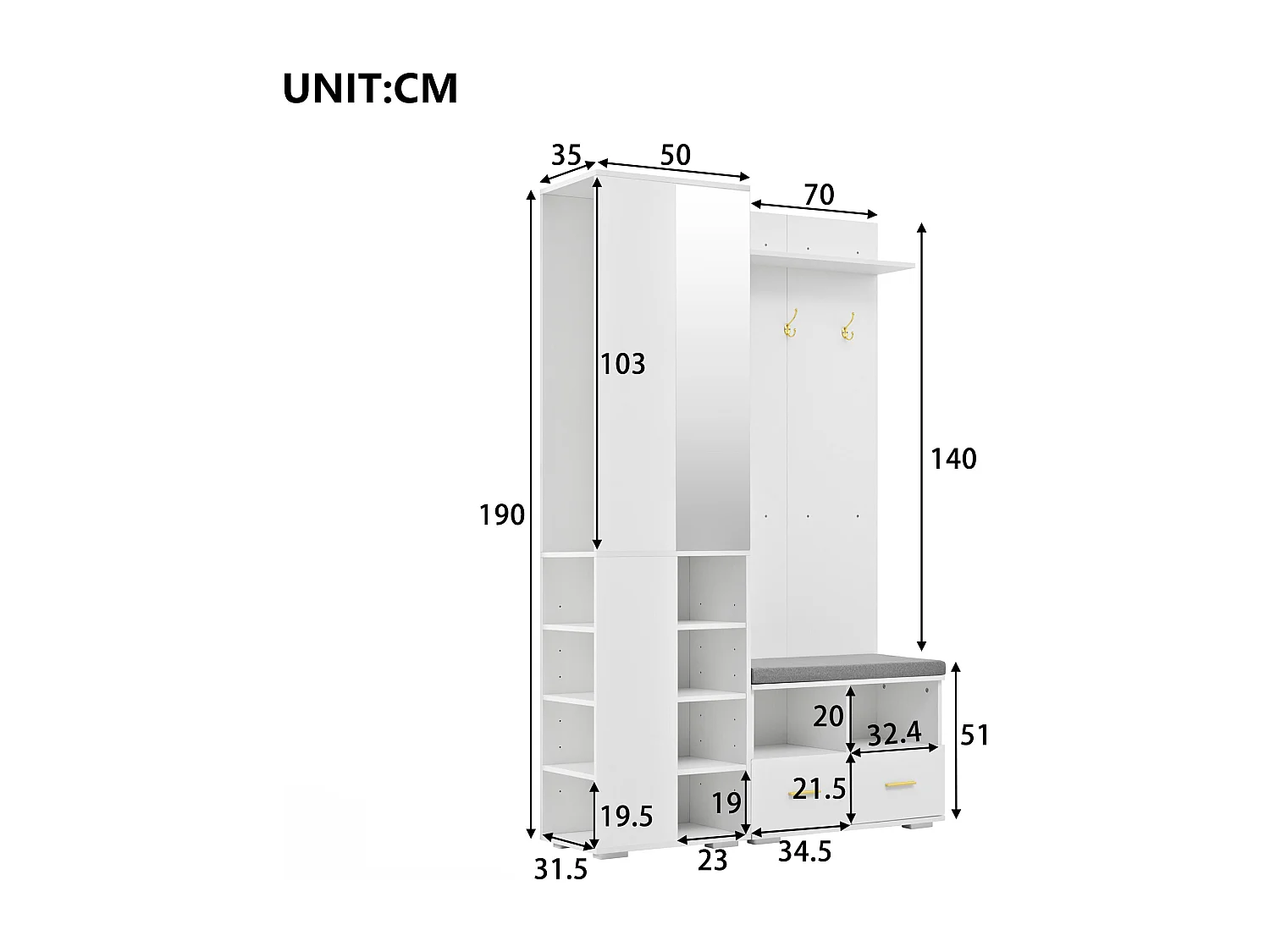 Armadio bianco con specchio, asta appendiabiti, panca e 2 cassetti 120x35x190 cm