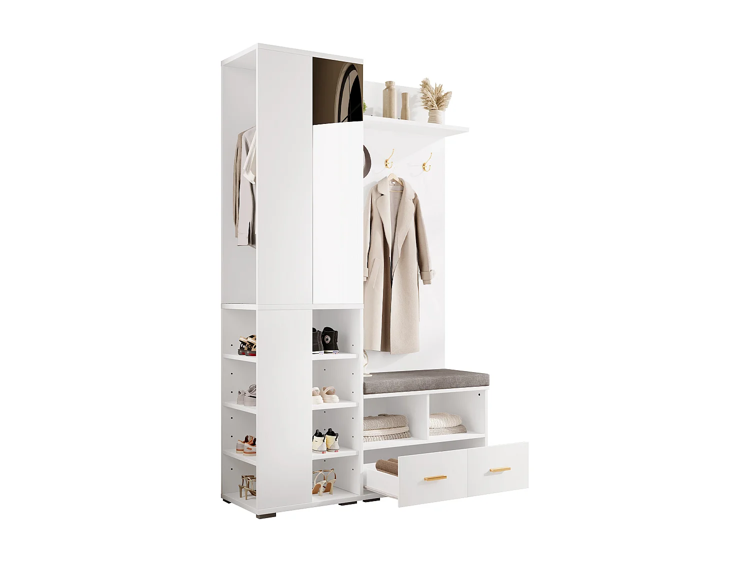 Armadio bianco con specchio, asta appendiabiti, panca e 2 cassetti 120x35x190 cm